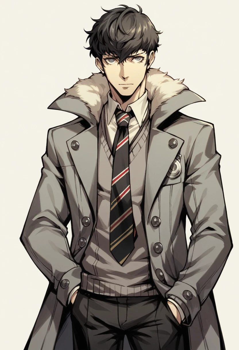 Human Male , wearing Sweater  ,Tie , hair Style ,Persona Style , Coat 