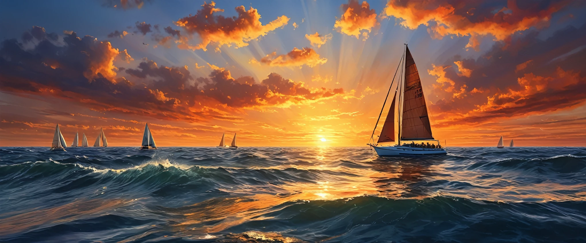 (best quality,4k,8k,highres,masterpiece:1.2),ultra-detailed,(realistic,photorealistic,photo-realistic:1.37),sunset,sailing boat,ocean,mirrored sky,orange,yellow,red,indigo,detailed waves and clouds,paintbrush strokes,textured canvas,vivid colors,sunlight reflections on water,serene atmosphere,seagulls flying,clear horizon line,peaceful horizon,majestic perspective