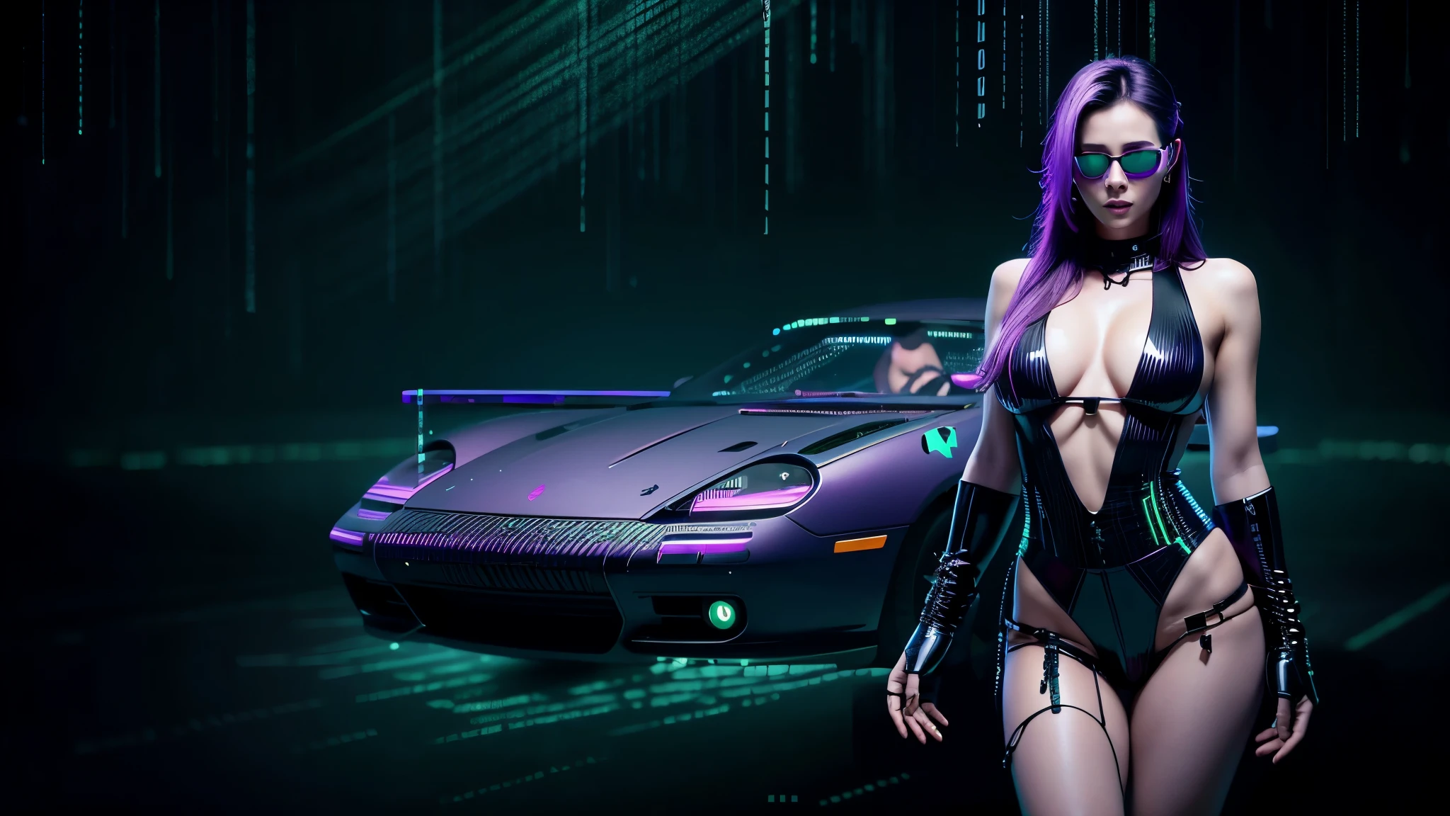 matrix coding, Purple animated cyberpunk background. sexy woman with gun and sunglasses