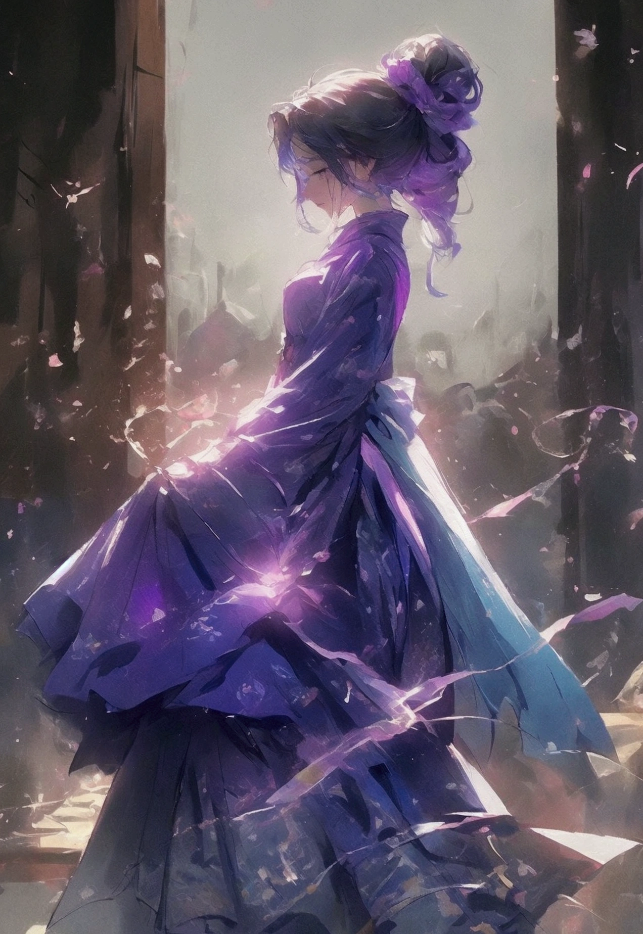a girl in an purple chinese dress standing in the snow, in the style of darkly romantic illustrations, fairy academia, he jiaying, light gray and light black, flowing fabrics, 32k uhd, lively illustrations 