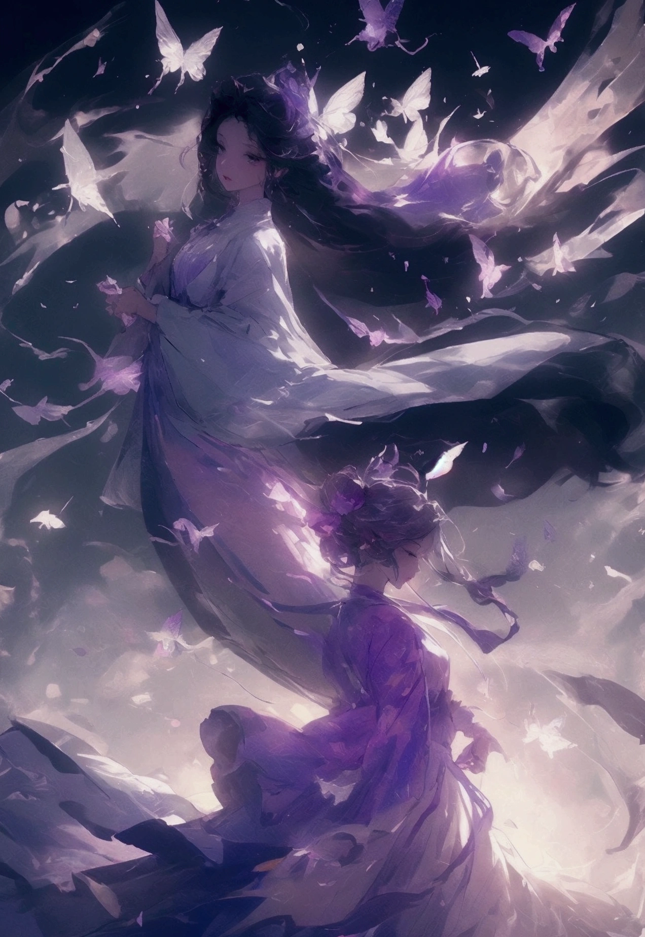 a girl in an purple chinese dress standing in the snow, in the style of darkly romantic illustrations, fairy academia, he jiaying, light gray and light black, flowing fabrics, 32k uhd, lively illustrations