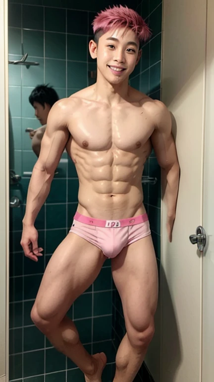 Japanese men、、Muscles and smooth skin、Undercut pink hair、Relaxed and friendly smile、Light yellow boxer briefs、The whole body is visible from toes to head、Posing in the bathroom、