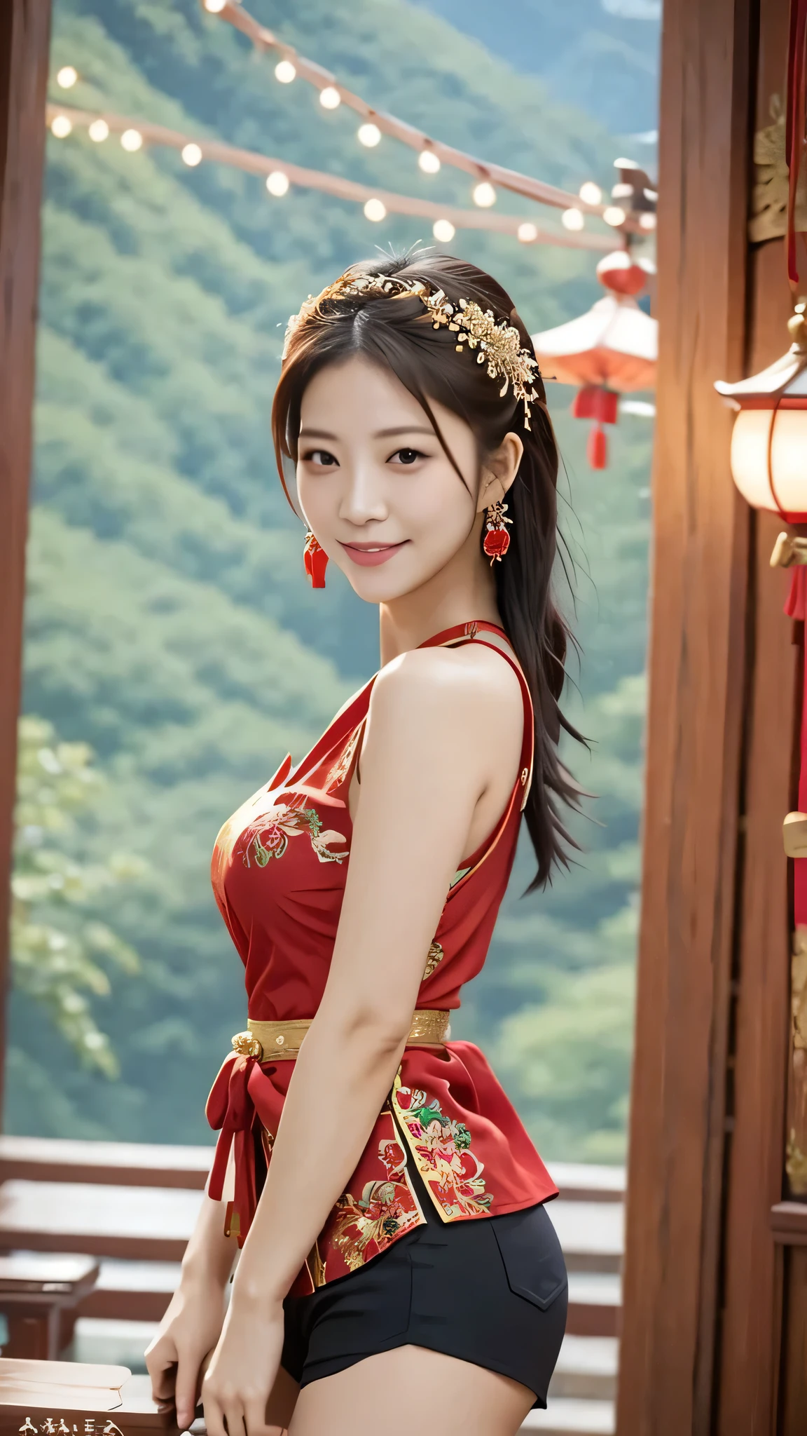 (SFW:1.5),(masterpiece, Highest quality:1.2),Arafe Asian woman in a bright red dress and black shorts, Gorgeous Chinese Model, V-shaped clothing with an open neckline, Gorgeous Young Woman, Beautiful woman, Beautiful young Japanese woman,28 years old、A sophisticated gravure idol, Japanese Goddess, Tight outfit, Beautiful Asian Girl, Captivating portrait of Tifa Lockhart,  Real young gravure idol