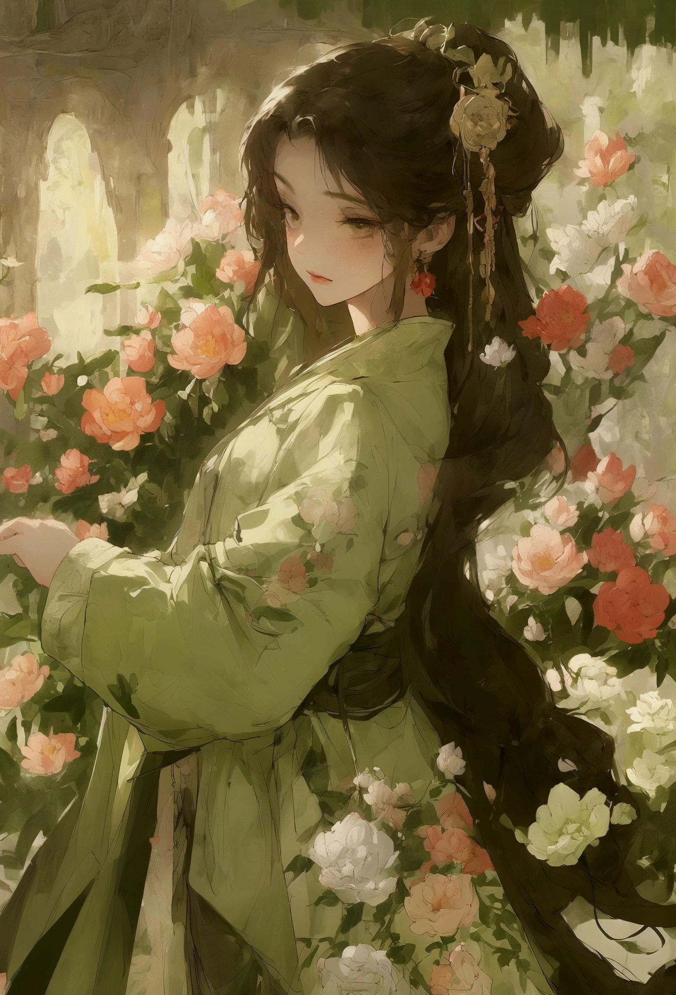 Young men and young women,Flowers around,Light white and light green,Exaggerated human proportions,Front view,Illustration in flat style,Soft Light,Super Detail,Ultra HD,8K quality,Wide Angle