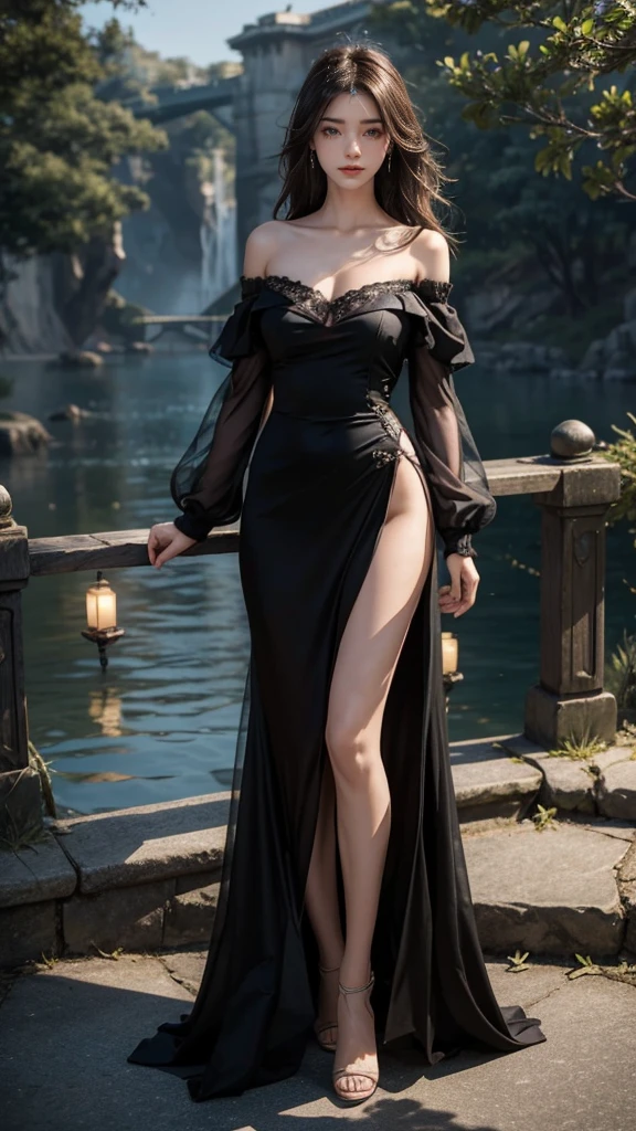 sh33rfl0r4l, long sleeves, black dress, off shoulder, bare shoulders, long dress, see-through, tulle dress, laser,leishe,(masterpiece, best quality:1.2), 1 girl, alone, ((off-the-shoulder clothes)), ((night)), lantern, candlelight, In the depths of Wonderland，The moonlight falls like water，foggy room，The figure of the heroine is vaguely visible，Just like the fairy in the painting，Slender sexy legs，very nice legs，Show sexy legs，big breasts，Beautiful with a hint of mystery。Her face is beautiful and delicate，Like finely carved jade，Showing otherworldly beauty。The eyebrows are picturesque，The waves in my eyes are like twinkling stars，Show the light of perseverance and wisdom。The bridge of the nose is straight，Lip color like cherry，The slightly raised corners of the mouth reveal confidence and calmness。Her face is well defined，The skin is as fair as jade，Reveals a healthy glow，Just like fairies, She never eats fireworks in this world。Her makeup is light and delicate，Not too much embellishment，But enough to show her temperament and charm。Light-colored foundation brings out the transparency of the skin，A light eyebrow pencil outlines her perfect eyebrow shape，Eye makeup is eye shadow and eyeliner，Make her eyes brighter and more energetic。Lips painted with grace lipstick，Adds a bit of charm and sophistication。Her clothes are graceful and chic，Clothes fluttering，It seems like it will be blown up by the wind at any time，drifting into the distance。Without losing grace，Also showed off her extraordinary skills。Rocking with her movements。Her hair is tied back casually，Secure it with a hosta，A few strands of hair flutter gently in the wind，Adds a bit of softness。Her figure is looming in the fairyland，Like a big breastsbeautiful landscape，Attracted everyone&#39;s concern。She seems to be a fairy in wonderland，big breastsbeautiful、grace、mystery、and full of power。Full body painting,High heel,White,Middle distance full body