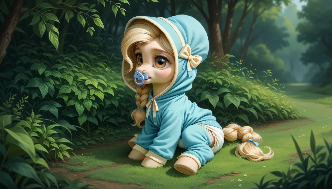 pony, beige earth pony, no horn, no wings, adult filly, lush mane braided into a braid, lush tail, sitting outside, dressed in an onesie, bonnet and booties, pacifier in her mouth, solo, thick diaper under her clothes.