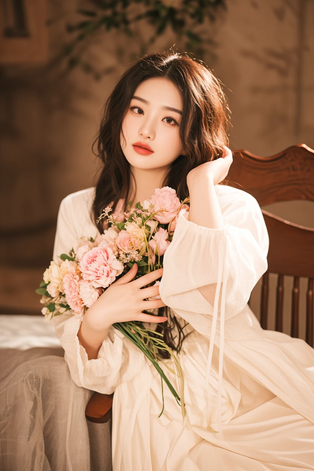 there is a woman sitting on a chair holding a bouquet of flowers, with flowers, bae suzy, lovely woman, song hye - kyo, hwang se - on, beautiful young korean woman, heonhwa choe, solo photoshoot, chiho, a young asian woman, dreamy and ethereal, sha xi, portrait image, taken with canon eos 5 d mark iv
