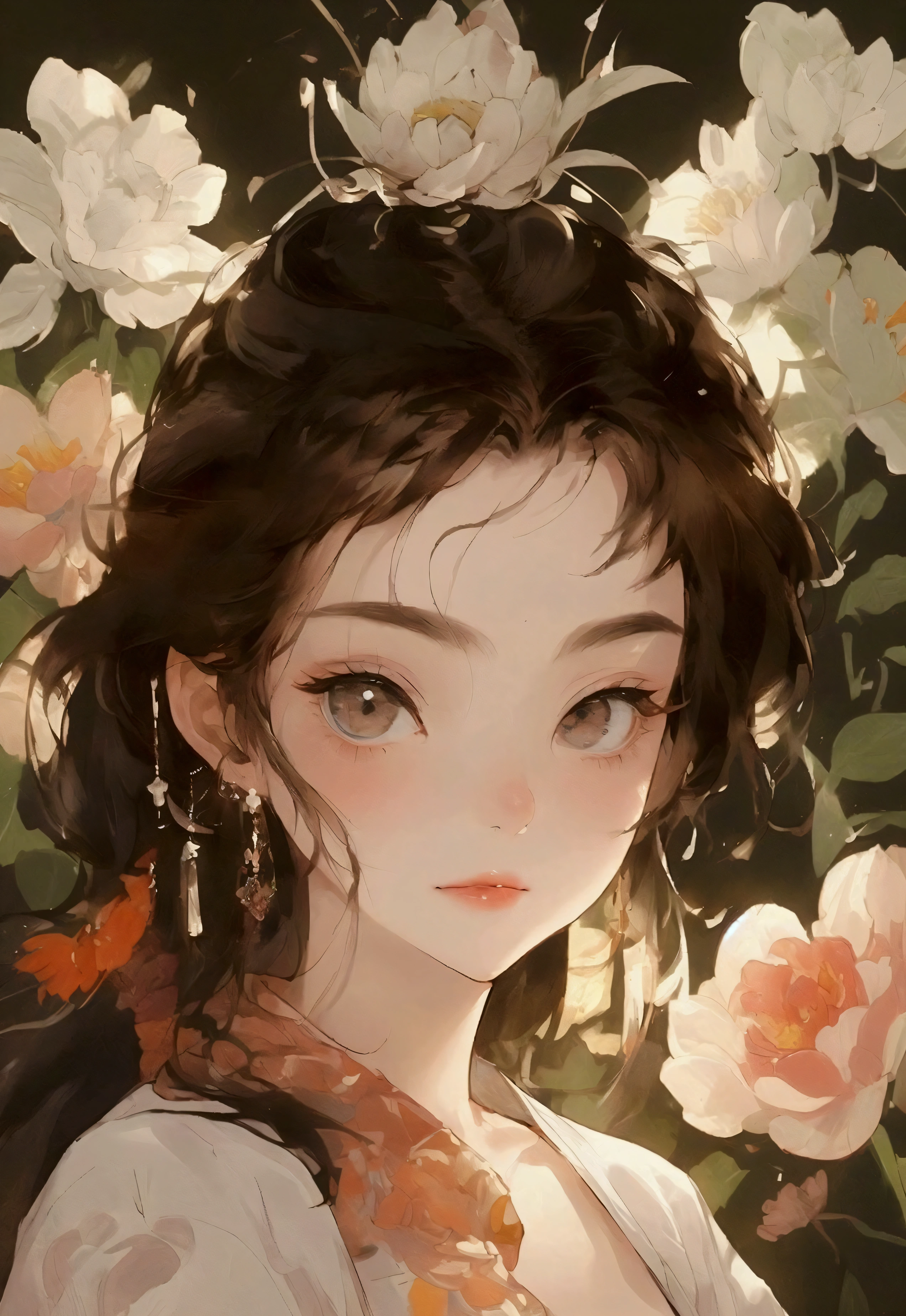 Romantic illustrations,sparkling eyes, Gorgeous girl Surrounded by peony and plants, Lace bow, detailed facial features, by Guo Pei, by Yan Jun Cheng, in the style of delicate floral surrealism, delicate realism, dreamlike quality,