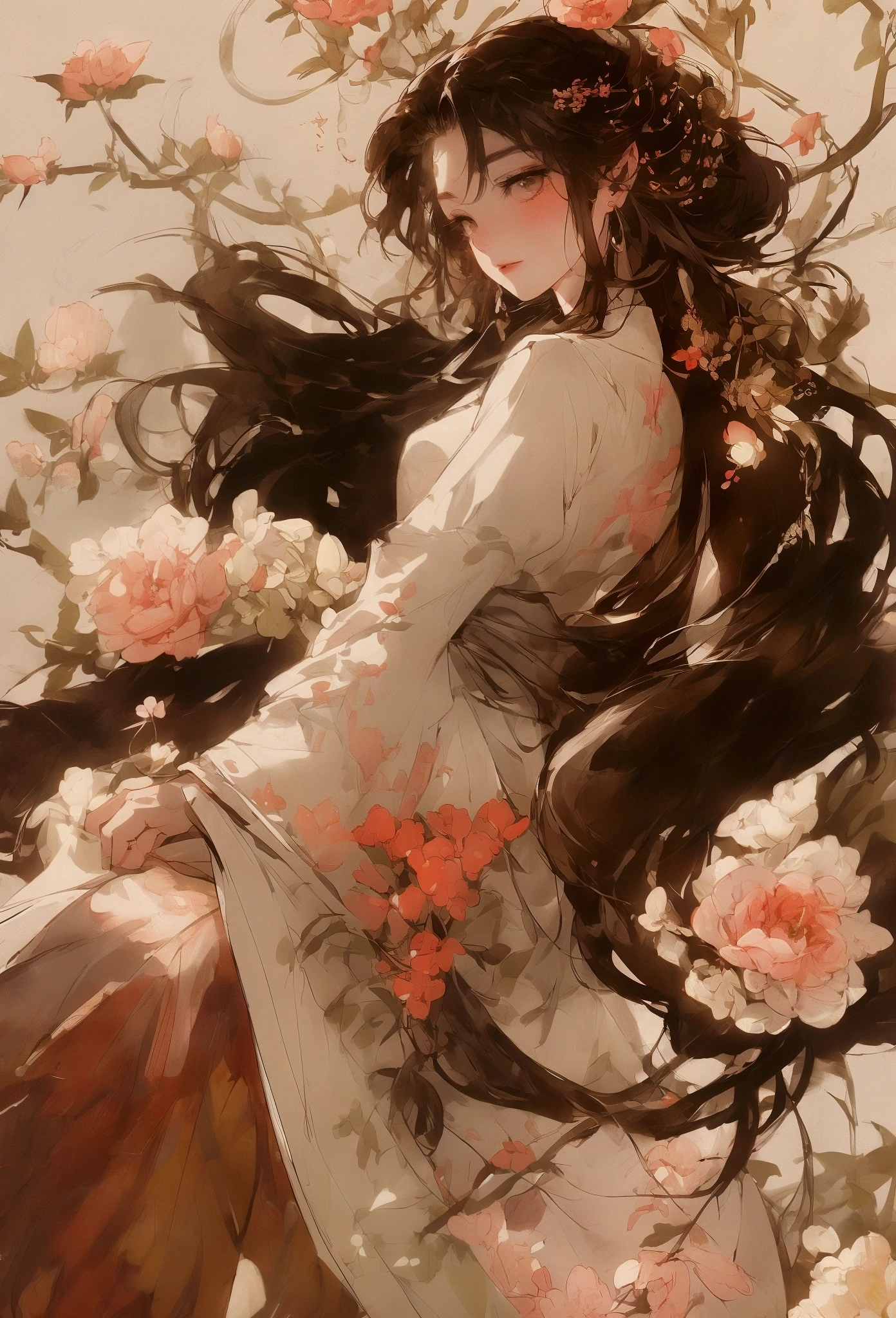 Romantic illustrations,sparkling eyes, Gorgeous girl Surrounded by peony and plants, Lace bow, detailed facial features, by Guo Pei, by Yan Jun Cheng, in the style of delicate floral surrealism, delicate realism, dreamlike quality,