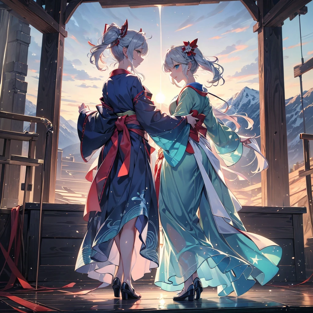 ((Highest quality)), ((masterpiece))、(The morning sun shines in、Delicate and beautiful)、(A shrine in the mountains shrouded in early morning mist、Two people on stage)
(background(View from the mountain、You can see the lake at the foot of the mountain and the town and forest that spread out along its shores.、I can see the ocean in the distance))、
((prospect(Two people on stage、The morning sun shines through, creating a mysterious beauty、Old womanとGirl))、
Old woman(Vigorous、Long grey hair mixed with white hair、It hangs down the back and is tied around the waist.、Grey Eyes、A dignified atmosphere、Shrine maiden outfit)、Girl
(Blue and silver long hair、It hangs down the back and is tied around the waist.、Blue-green eyes、Lively、Shrine maiden outfit)、dance practice、Old womanによる指導、Small breasts are justice