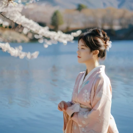 Depicting a young girl wearing a pink kimono with white floral patterns and a gold obi、Serene and picturesque landscape photography, Under a clear blue sky、Standing by a quiet lake with green cherry blossoms in the background. Lighting should be natural, Create soft shadows、Enhance the colors in a scene.