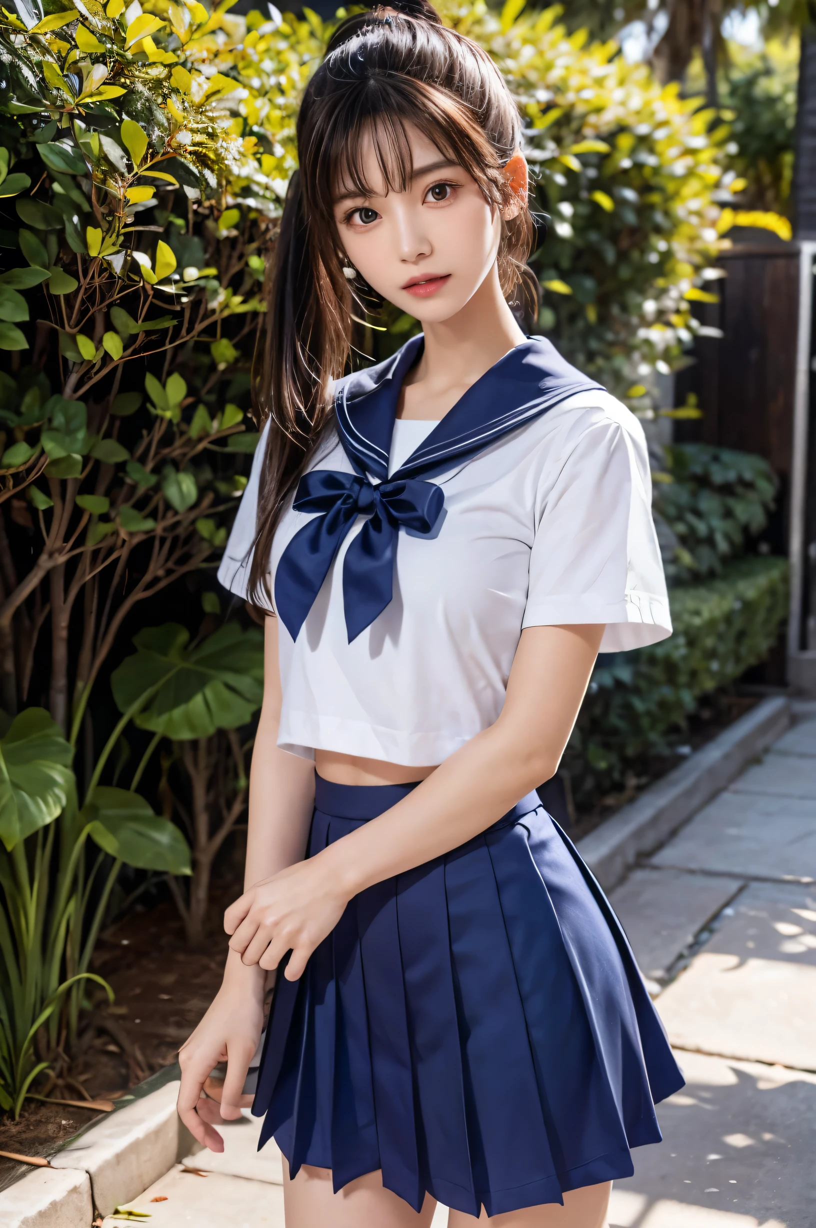 (Ultra HD), (Short-sleeved sailor uniform, Navy blue mini skirt), Big Breasts, slender, Narrow waist, whole body, Standing posture, (Clean and shiny skin, Whitening, No makeup), (Super slim face, Super beautiful face), (ponytail, Layered Cut, Fluffy hair), (double eyelid, Slanted Eyes), Small Nose, Thin lips, Thin legs, In front of the school gate