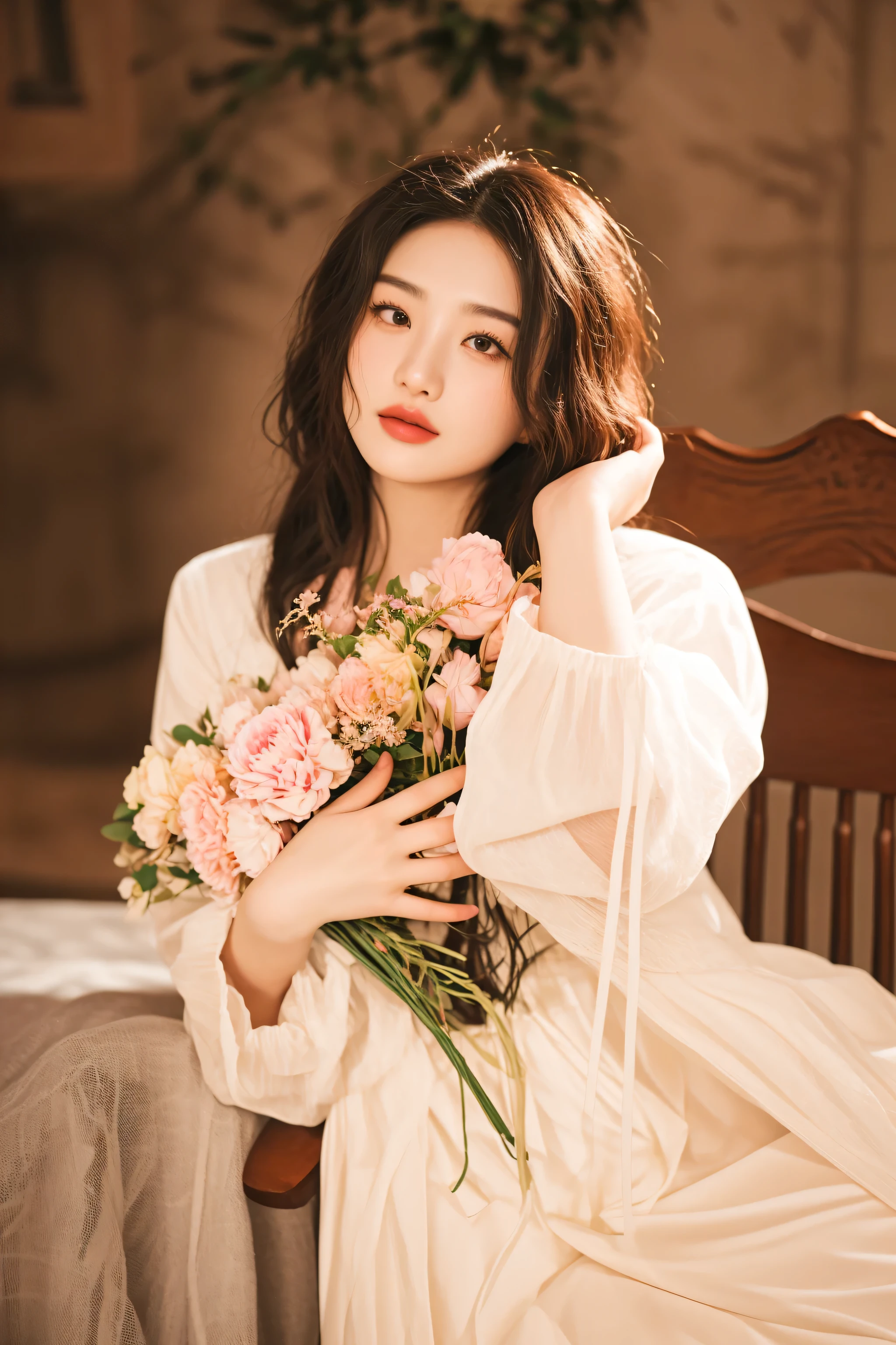 there is a woman sitting on a chair holding a bouquet of flowers, with flowers, bae suzy, lovely woman, song hye - kyo, hwang se - on, beautiful young korean woman, heonhwa choe, solo photoshoot, chiho, a young asian woman, dreamy and ethereal, sha xi, portrait image, taken with canon eos 5 d mark iv