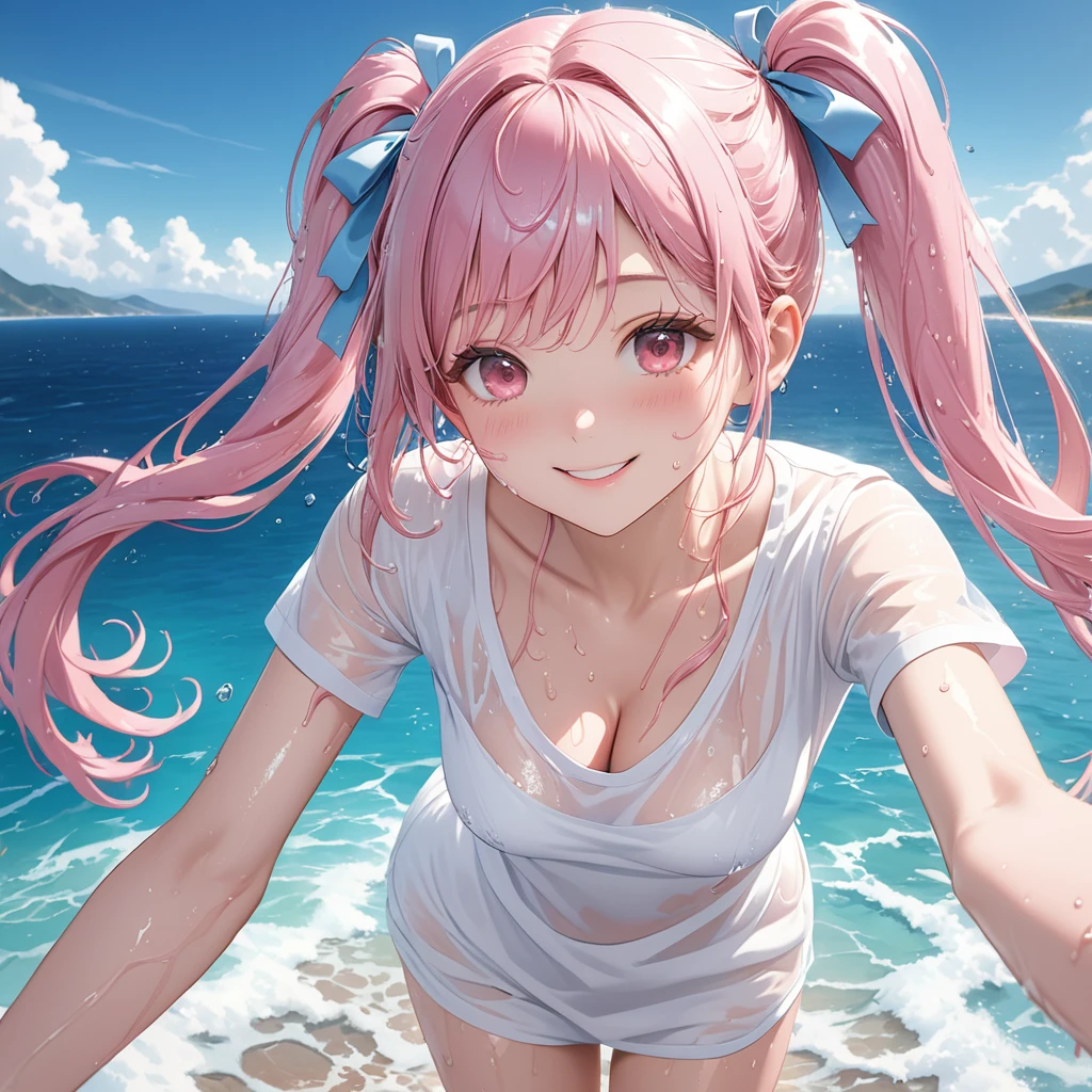 (8K, masutepiece, Best Quality, Official art, beautiful detailed, beautiful lighting, best masterpiece in history that exceeds limits), (1 Girl, Solo), (), (beautiful detailed face), (wet shiny white skin), (Beautiful big bust, cleavage, thighs:1.3), (beautiful detailed pink twin tails hair, Bangs:1.3), (pastel blue cute ribbon), (beautiful detailed drooping pink eyes:1.5), (see through wet plain white T-shirt, short sleeves long length:1.3), (happy smile:1.2), (standing, Attractive, Look at the camera, cute pose), breathtaking scenery, (ultra detailed Beautiful sea, blue sky:1.3)