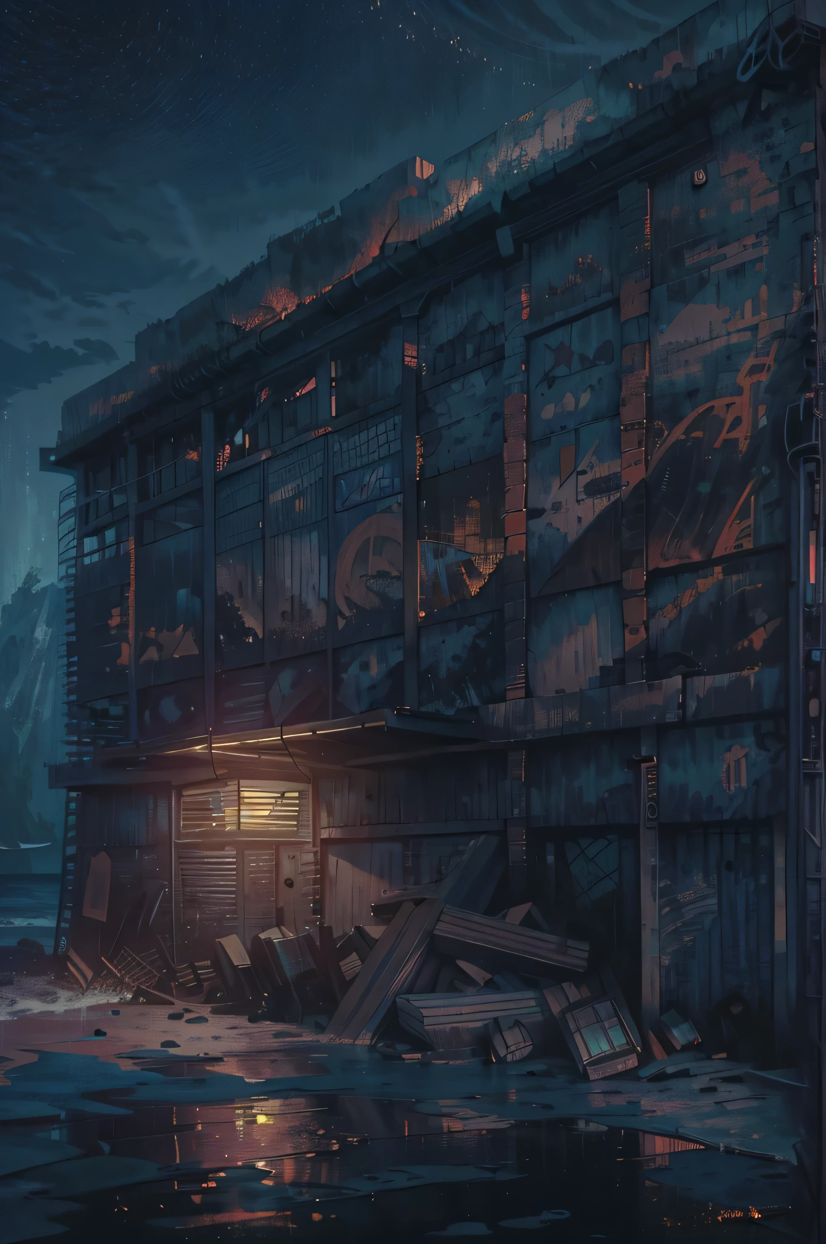 a dilapidated seaside warehouse at night, detailed rusty metal, moonlight, ocean waves crashing, atmospheric lighting, cinematic mood, intricate textures, dramatic shadows, moody blue tones, (best quality,4k,8k,highres,masterpiece:1.2),ultra-detailed,(realistic,photorealistic,photo-realistic:1.37),concept art