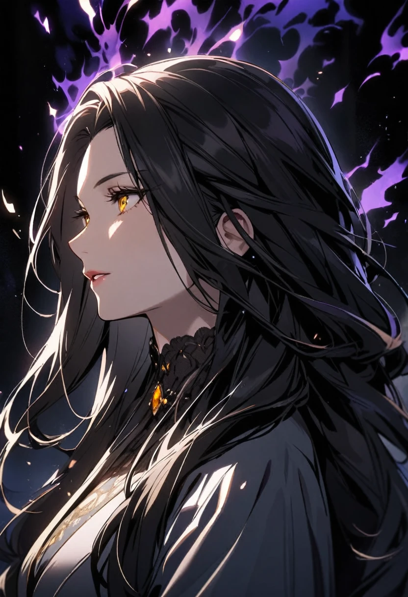 Girl, long hair, golden eyes, black hair, mature beautiful woman, pretty, black aura, noble