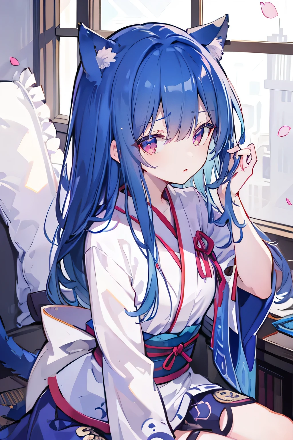 (Masterpiece:1.2),Ultra-detailed,lifelike,The eyes are expressive,Fair skin,Perfect face shape,1 girl,Japanese Manga,Gorgeous blue hair,Flowing blue hair,Flowing clothes,Cat ears,Petals falling,Shy face,sitting on window,Place your hand on your lips,