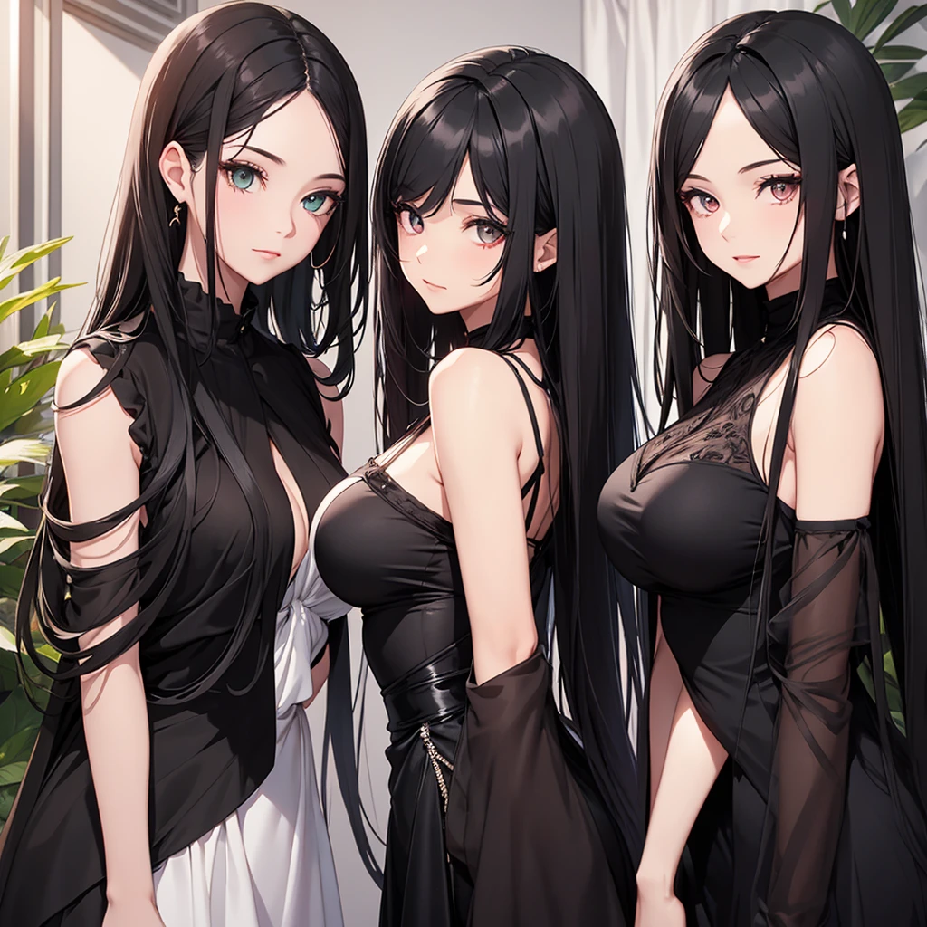 2 beautiful girls standing next to eachother, the have long black hair , one of them has emerald eyes, the other has crimson eyes, they are wearing blacl sleeveless dresses that reveal their breasts