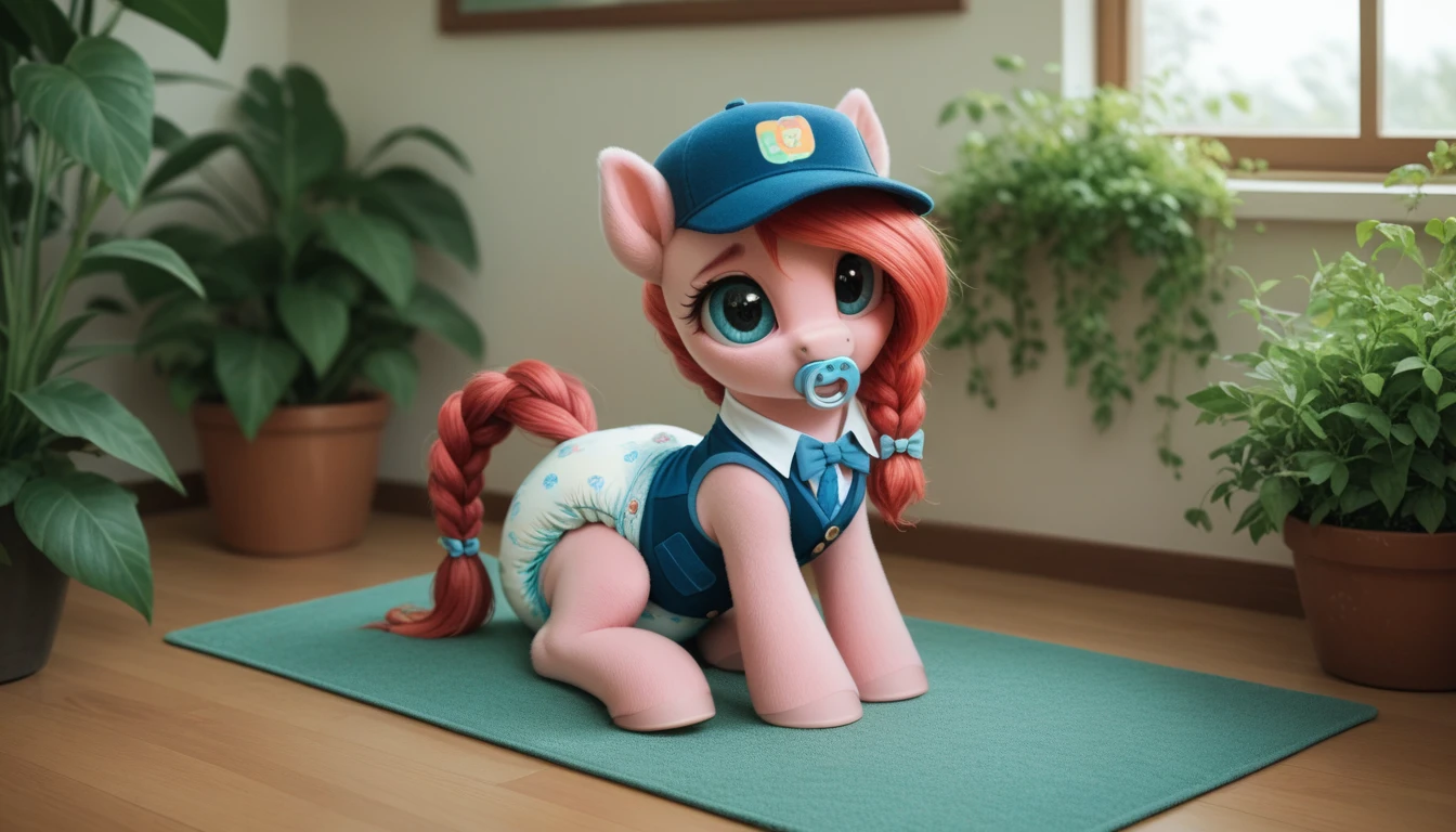 pony, бежевая земная pony, no horn, no wings, adult filly, lush mane braided, bushy tail, sitting in the room on a soft play mat, dressed in a vest, cap and booties, pacifier in mouth, solo, thick diaper under clothes.