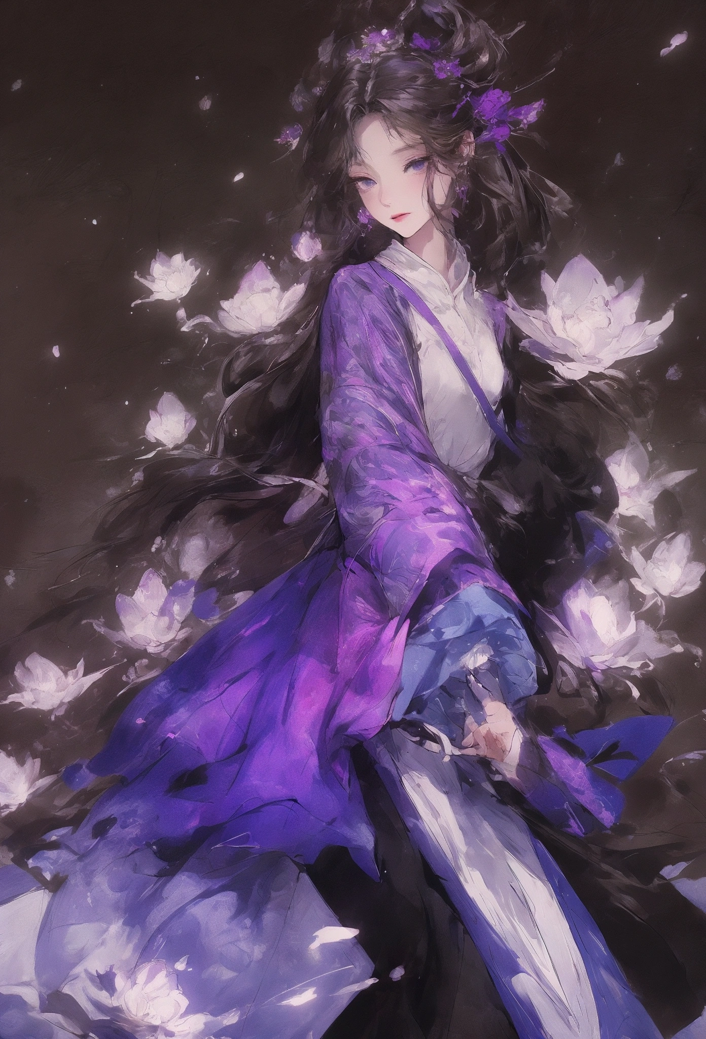 a girl in an purple chinese dress standing in the snow, in the style of darkly romantic illustrations, fairy academia, he jiaying, light gray and light black, flowing fabrics, 32k uhd, lively illustrations
