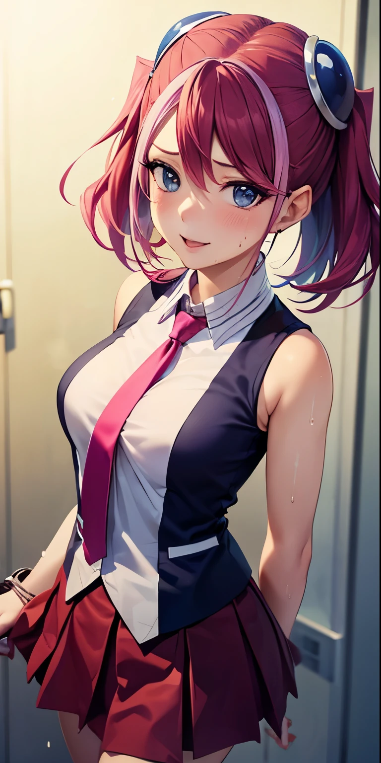 1 Female,High definition,high resolution,Ultra-realistic,8K, hy1, hair ornament, multicolored hair, necktie, skirt, sleeveless, , pink skirt, tight skirt,miniskirt, jewelry,European,sexy,Upper body close-up,Photographed from the front,Dynamic Angles,blush, medium , happy, wink the eye,facial, sweat,multicolored hair ,(full body )