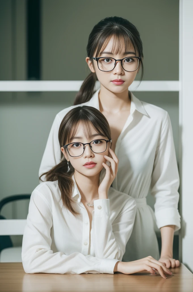 ((Highest quality, 8k, masterpiece: 1.3)), (RAW Photos:1.2), Realistic photos,Sharp focus: 1.2, Beautiful woman with perfect body: 1.4, Highly detailed face and skin texture, Detailed eyes, double eyelid, One girl, Japanese Idols, (Wide Shot:1.2), cute, (Wearing thin glasses:1.2),Long Hair,Parted bangs,(ponytail:1.1),Woman studying at desk,White shirt