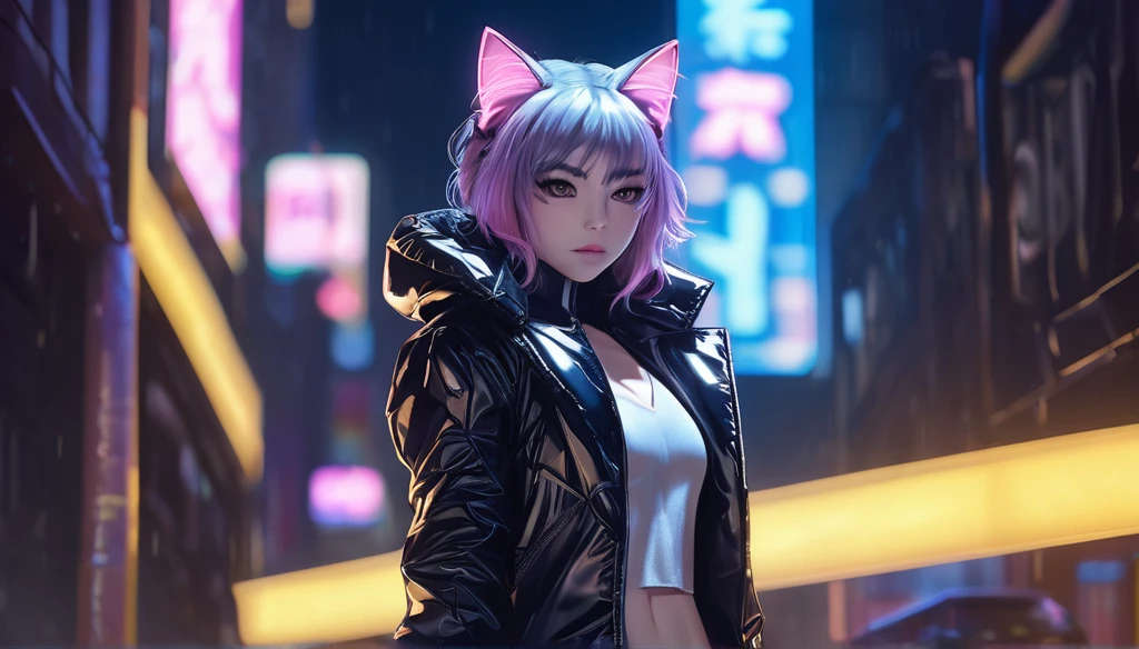 ((barely legal cat girl, with cat ears and choker, ((in an shiny open puffer with plunging neckline, wide cleavage, deep neckline)), small perky breasts, beautiful detailed eyes, beautiful detailed lips, small closed mouth, extremely detailed face, pale skin, random long hairstyle, small hips, next to a bed with silk sheets, fear on the face)), moody atmosphere, dramatic and random neon colors, futuristic setting, intricate details, night, backlight, full body shot, view from a distance, random pose