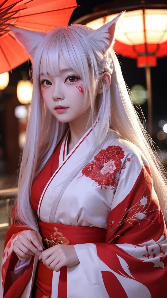 White Demon Fox、Nine-tailed Fox、Japanese women、kimono、Fair skin、Red lines on face、8K、I have long hair、night、front face
