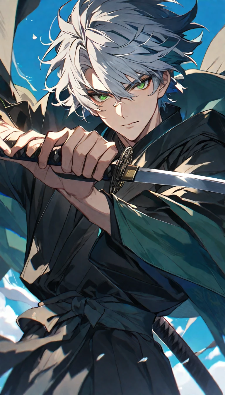 solo, handsome, 1 male, short hair, silver hair and skyblue color hair, green eyes, black robe, holding katana