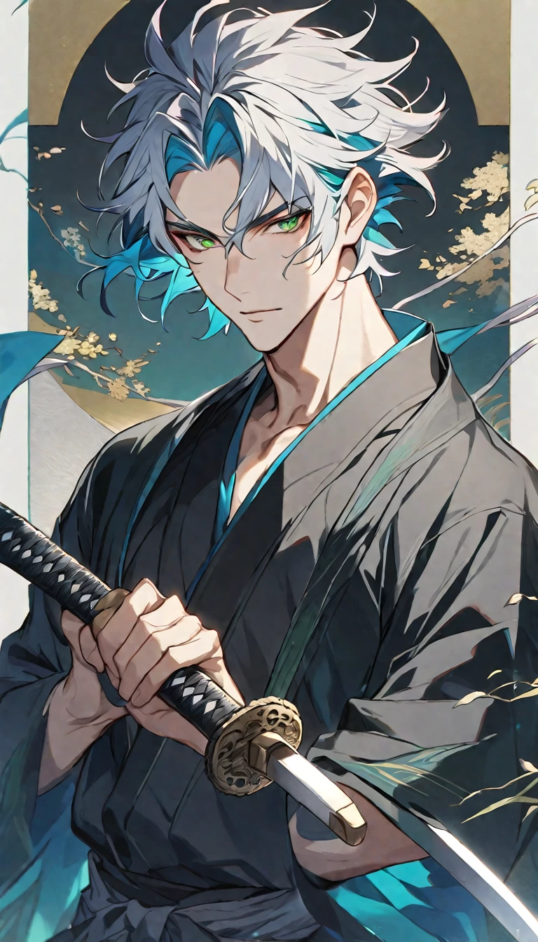 solo, handsome, 1 male, short hair, silver hair and skyblue color hair, green eyes, black robe, holding katana