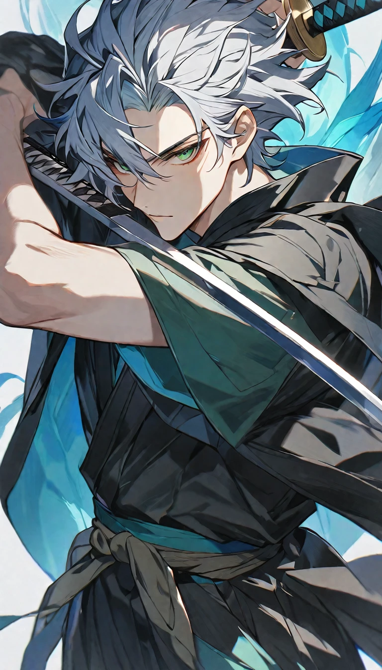 solo, handsome, 1 male, short hair, silver hair and skyblue color hair, green eyes, black robe, holding katana