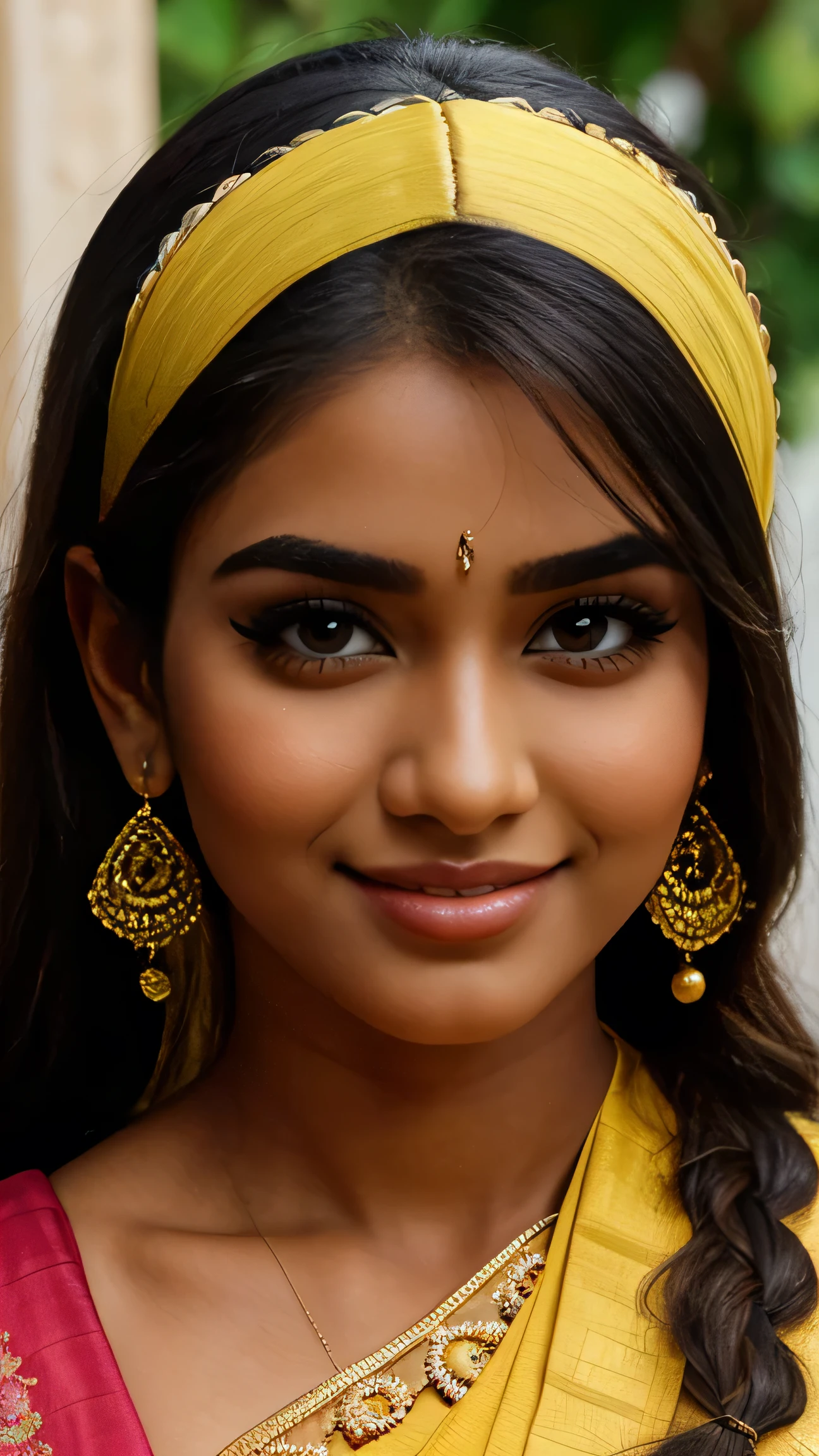 (high quality, masterpiece, HDR, 256K), (hyper-realistic, photorealism) 20 year old extremely beautiful Tamil girl, (intricate detailed extremely beautiful face, bright eyes, ears, nose, lips, textured skin), eyes symmetry, (bright smile). Facing front close up shot. Wearing yellow half sari and blouse. Big yellow dot on forehead. Two Braid Long Hair fallen on both shoulder.