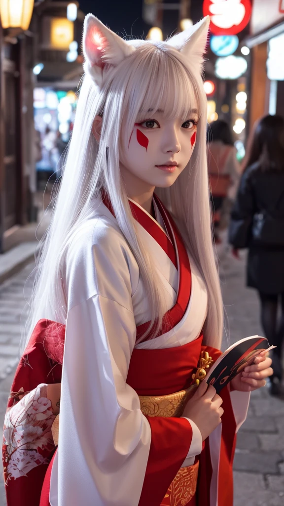 White Demon Fox、Nine-tailed Fox、Japanese women、kimono、Fair skin、Red lines on face、8K、I have long hair、night、front face