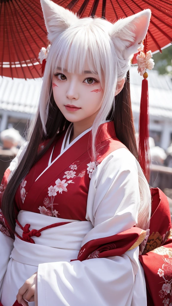 White Demon Fox、Nine-tailed Fox、Japanese women、kimono、Fair skin、Red lines on face、8K、I have long hair、night、front face