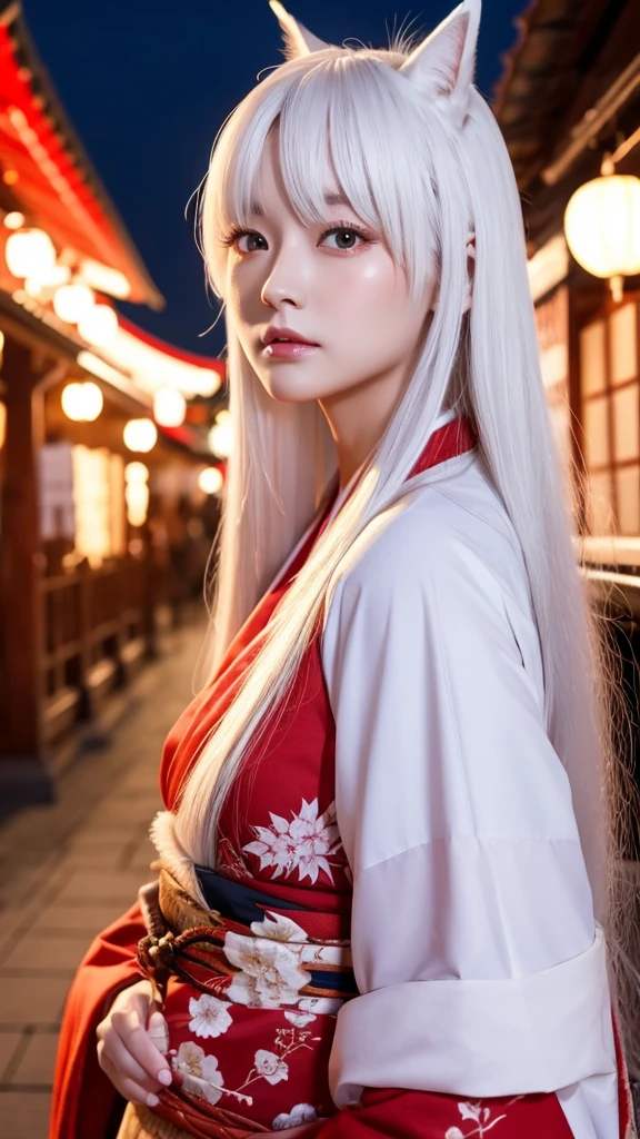 White Demon Fox、Nine-tailed Fox、Japanese women、kimono、Fair skin、Red lines on face、8K、I have long hair、night、front face