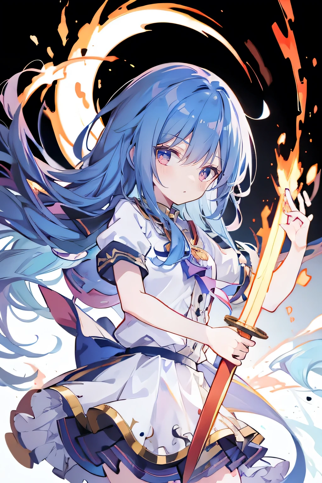 Anime girl holding a sword in fire，Anime epic artwork，4kAnime Wallpaper，Anime Art Wallpaper 4K，Anime Art Wallpaper 4K，Anime Art Wallpaper 4K，Anime Art Wallpaper 4K，Anime Wallpaper4K，Anime Wallpaper4K，Anime Wallpaper，Anime Wallpaper，HD Anime Wallpaper，Anime style 4k, 4k comics wallpaper，Black and white silhouette，Long light blue hair
