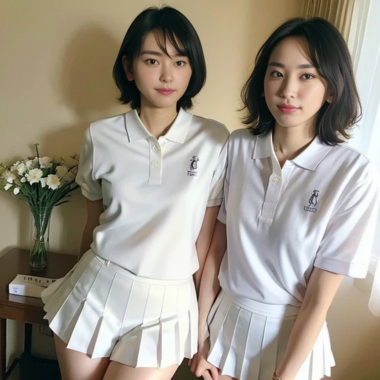 (Masterpiece, Best quality:1.4), (Ultra realistic, Photo-realistic:1.2), Full body, Kneeling, (Arms behind back:1.2), Looking at viewer, Natural light, 20 years old actress, Japanese women, Neat and clean, ((Wearing white tennis uniform, White short-sleeve polo shirt with collar, Not buttoning the polo shirt, White pleated tennis skirt:1.3)), Wearing white sock, (Ponytail:1.2), Short wavy hair, Black hair color, (Beautiful face), Oval face, clear, (Beautiful eyes, Kind eyes), (Clear skin), Small face, (Beautiful mouth, Small mouth:1.1), Natural makeup, Approachable, Seductive smile, (Seductive pose:1.2), (Beautiful thighs:1.1), Bedroom eyes, Embarrassed, Blush, Luxury hotel Suite room,On bed,