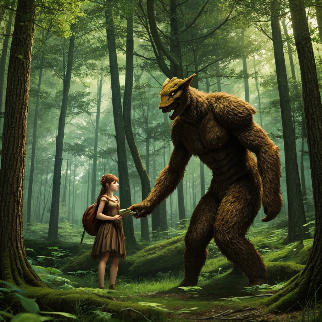 illustration for a fairy tale about a forest monster, standing in the woods