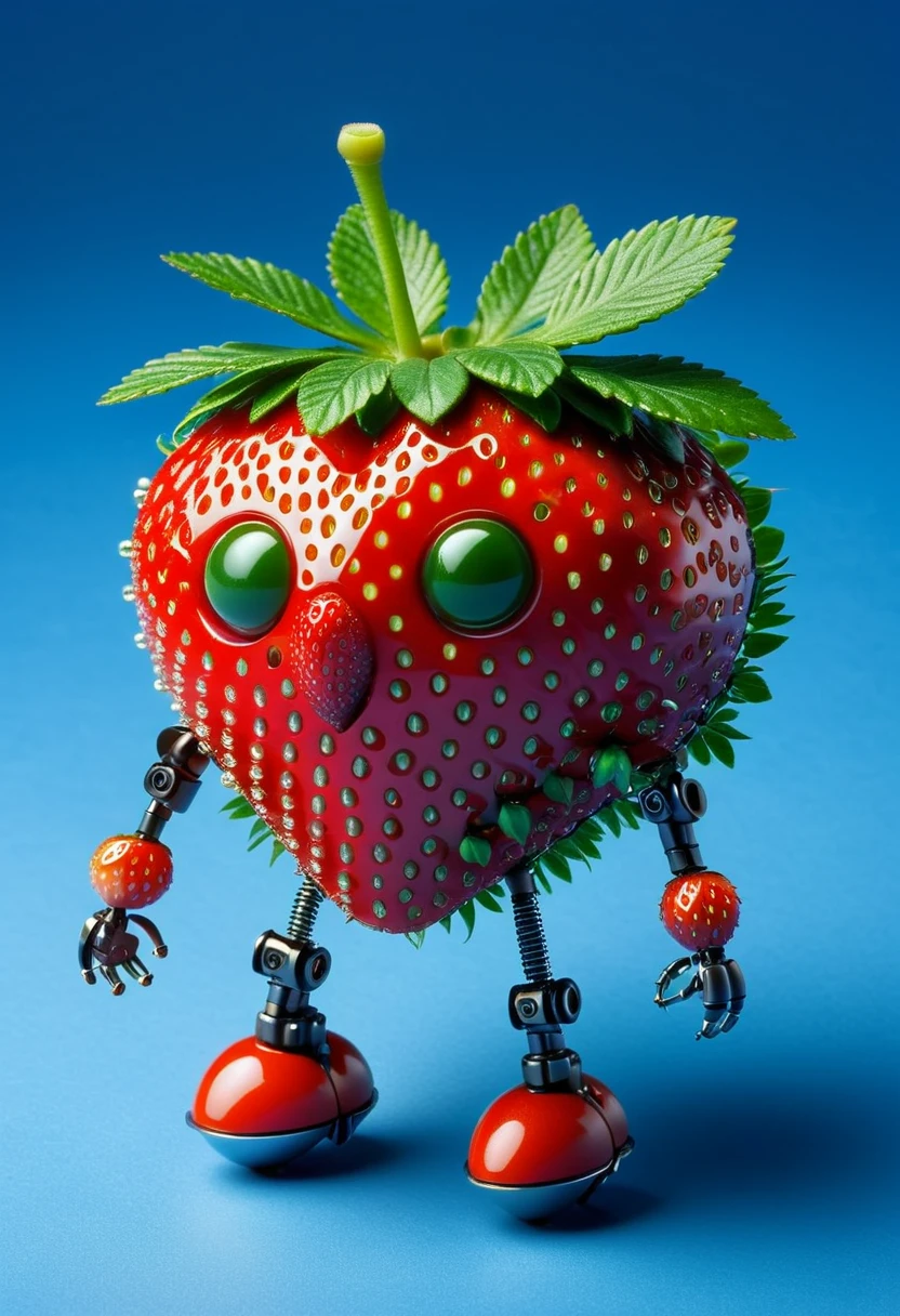Visualize a tiny robot exhibiting the characteristics of a strawberry. It features shades of rich, intense red and is equipped with minuscule seed-like sensors. The robot's body is shaped to mimic a plump, succulent strawberry, having a round and gently heart-shaped structure. The limbs of the robot are rounded at the ends and flexible, intending to look like the green foliage and stem that accompany a strawberry. It possesses 'eyes' that glow with a gentle, warm light that mirrors the colours of a setting sun radiating off a fresh strawberry. Its function is aligned with the purpose of triggering happiness, akin to the delightful flavor of the fruit it represents. This image should not contain any forms of text.