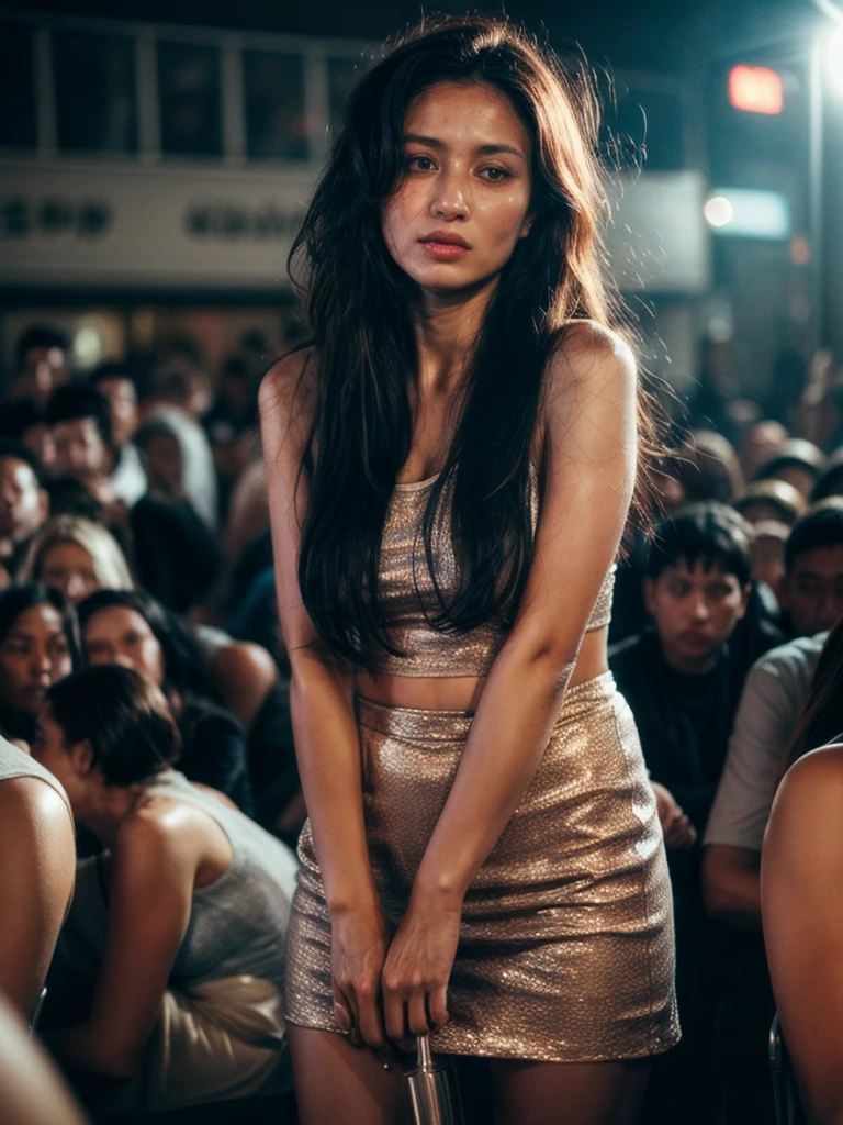 (Full shot:1.4), (best quality:1.4), 1girl, kazakh, cute face, pink lace tanktop with short skirt, surrounded by very close crowded in bus stop, (emotional posing:1.2), wavy hair, bangs, (hair blowing in the wind:1.2), (dramatic moment:1.3), (perfect object:1.4), crowd (motion blur:1.3), film looks, RAW photo, night, beauty shadow, neon light, (ambient lighting:1.2), detailed skin, detailed face and eyes, ultra highly detailed, surreal view, sharp focus, shot by zenit analog film, cinematic portrait by annie leibovitz, aesthetic photography in 2024, (candid:1.2)
