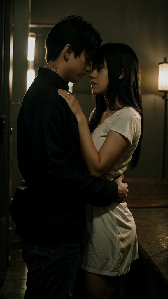 A couple with an emo atmosphere while wanting to hug and stare at each other