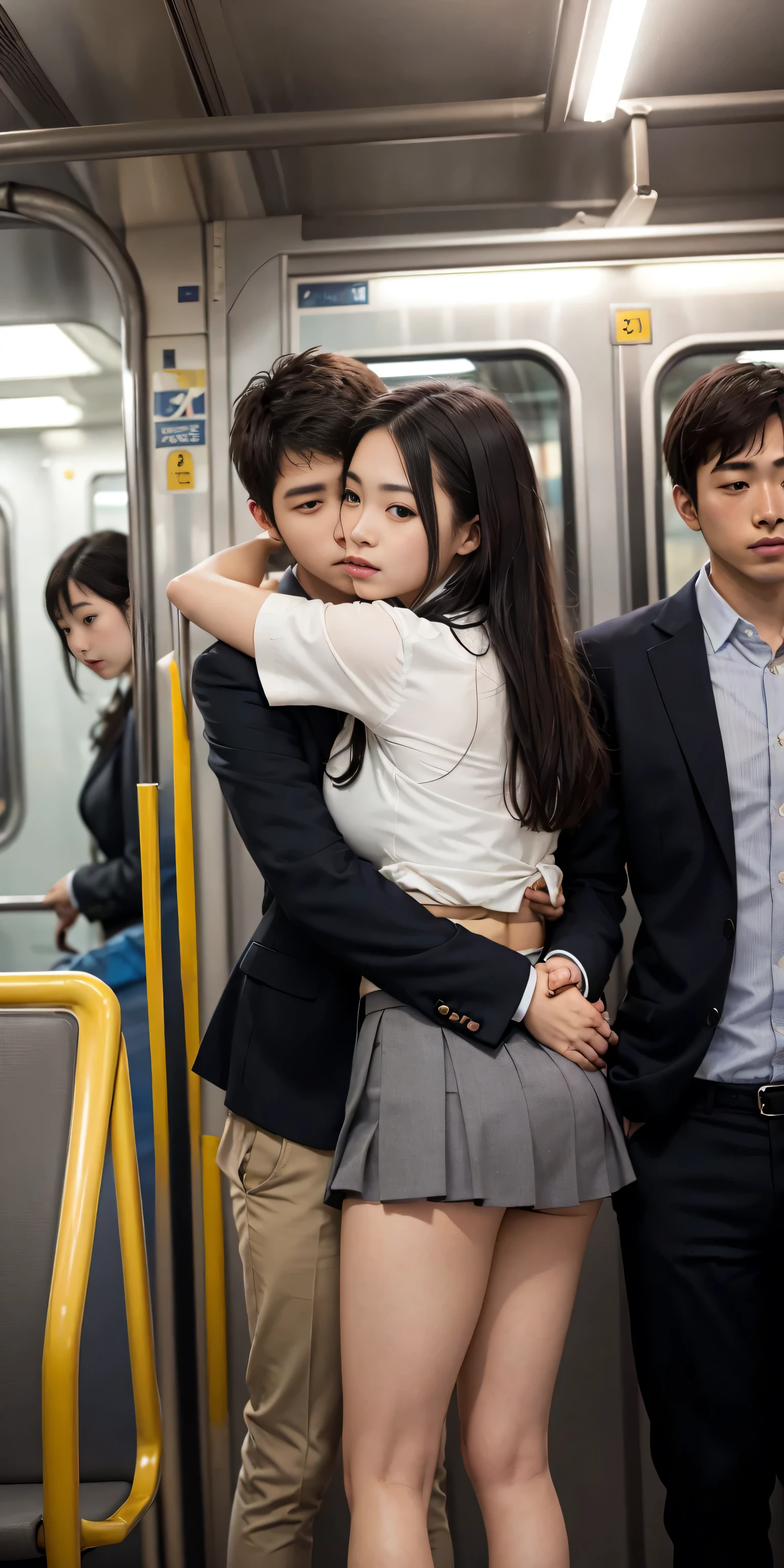 Browsing Caution, Crowded train, Japan , Handsome boy hugging his girlfriend from behind, Talk in her ear, Lift her up, Miniskirt twisted up, 40k, photograph, masterpiece, Highest quality, Dark Gray Background, ((Japan girls' high school uniform)), A boy is leaning on her from behind、i held you up, Girl gets fucked from behind