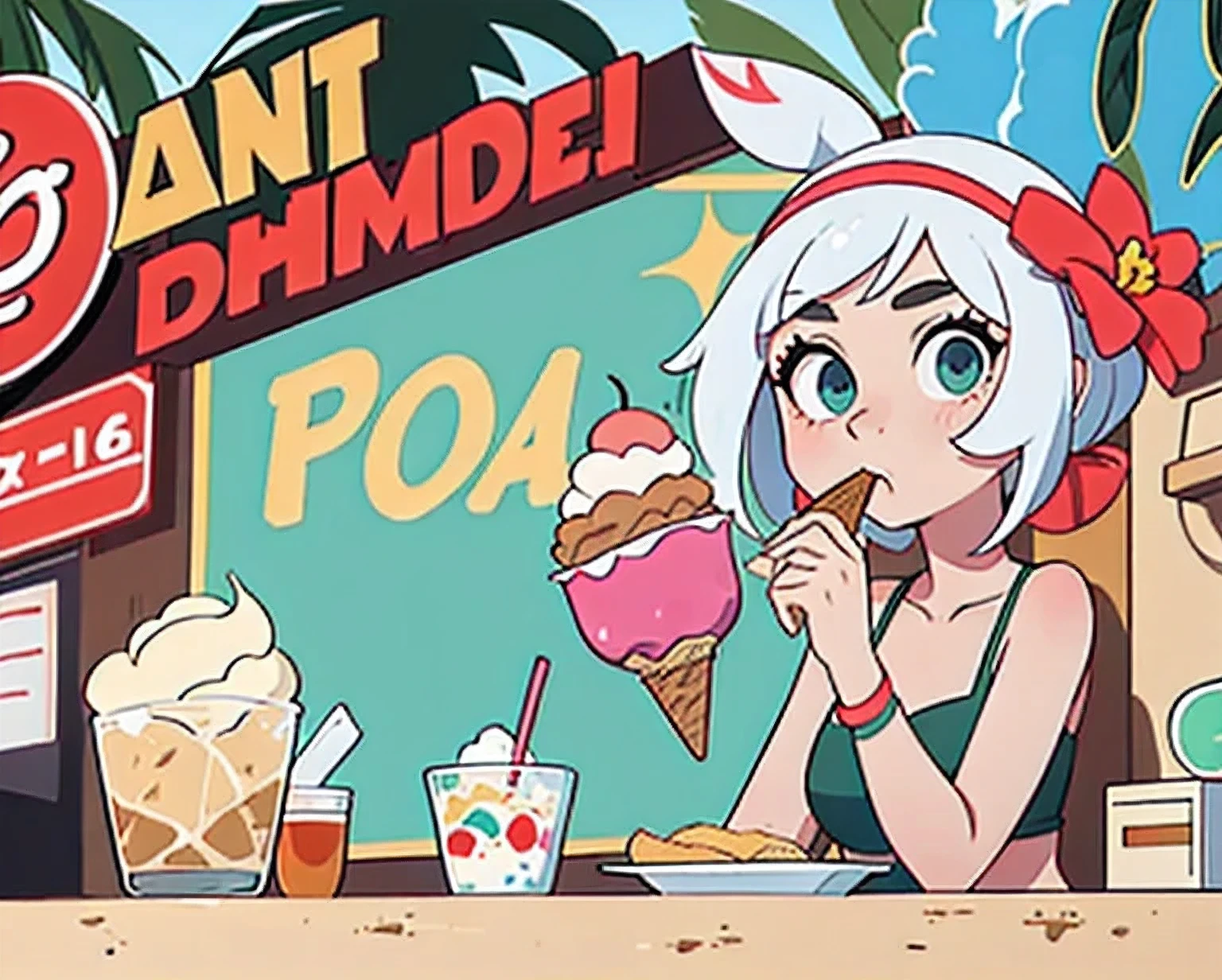 girl in a bikini eating an ice cream cone, eating ice cream, in a bikini, angela white, giorgia meloni, katy perry, in bikini, eating ice - cream, wearing spandex bikini, ice cream on the side, bikini, ice cream, wearing a bikini, candid photo of dirty, shiny plastic bikini, candid shot, cone, 1 girl, solo,in a green dress standing by a wall,portrait of female idol