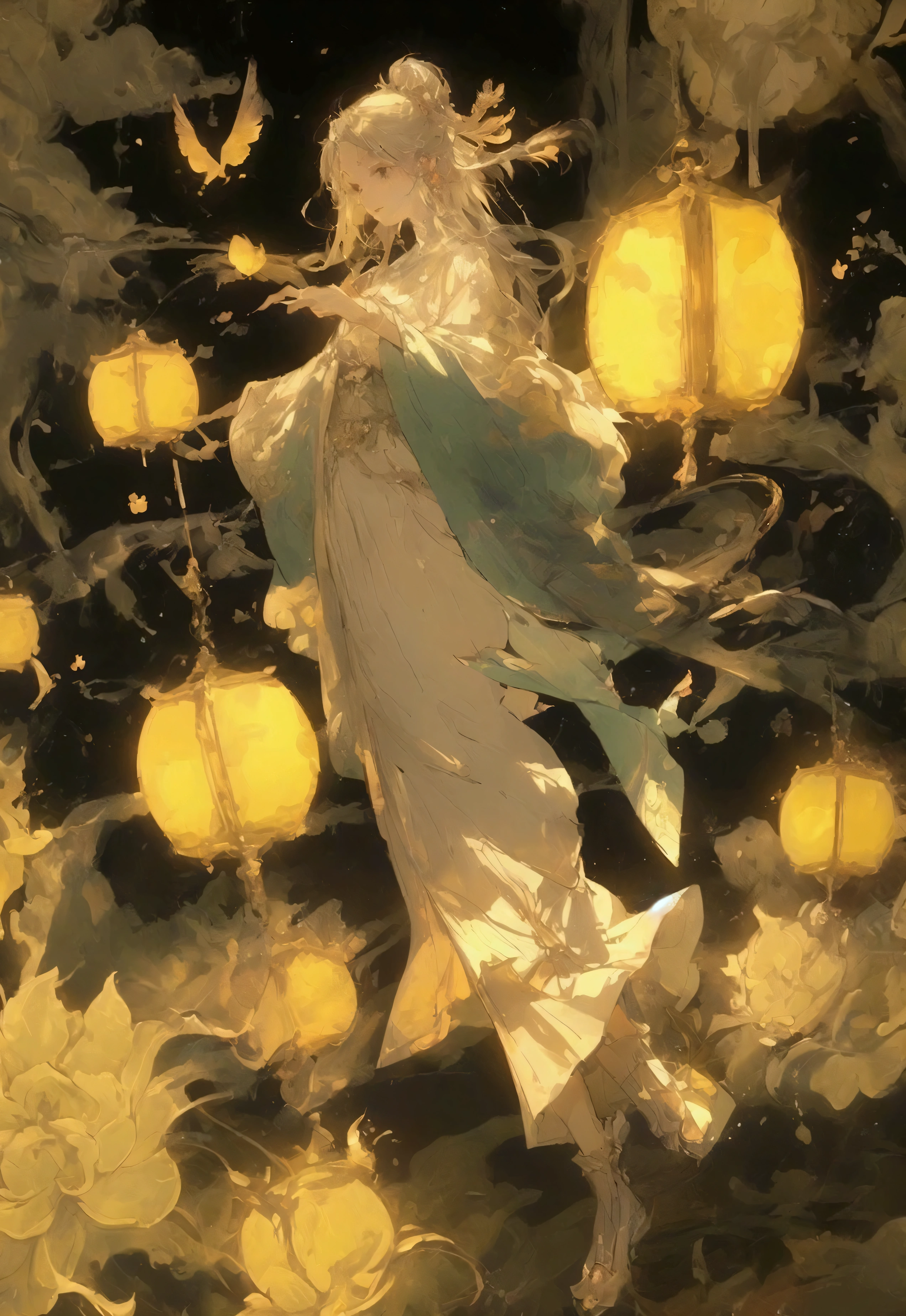 A man and a woman sitting on a bridge surrounded by ancient buildings decorated with lanterns at night. This building is in Chinese style, with a shining moon in the background. Below is the reflection of water. The inspiration for the animation style comes from Studio Ghibli in a beautiful fantasy world
