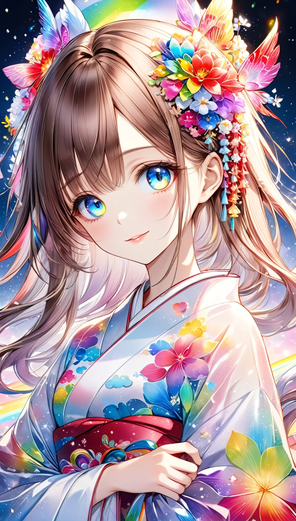 A fusion of watercolor and oil painting, Psychedelic world, Commemorative photo, Japanese Kimono,beautiful girl、****ta、****************, 1 cute girl、(Look forward), (Looking at this), (Very delicate and beautiful face)、(Beautiful eyes in every detail)、((((Heterochromia Iridum - Red and Blue Eye Color))))、Through the bangs,Brown Hair,Long Hair ,Beautiful attention to detail, Beautiful lip detail, Highly detailed face, Attractive eyes, Long eyelashes, smile, shy, One Girl, Digital Art, pastel colour, ((Use the rainbow as your main color)),Vibrant colors,fantasy art pieces,dream-like,Mythical fantasy with rainbow accents,Fairytale Fantasy, (((Translucent rainbow))),Subtle iridescent details,Gives off an aura of magic,Exquisite detail,Character clothing should be designed in kimono, Heavenly, Soft lighting, Cinematic, romantic, baby doll、Framing above the chest、Colorful gel background、Fractal Floral Background、Sparkling、Perfect lighting、Sharp focus、High resolution、High resolution、High color rendering、High resolution