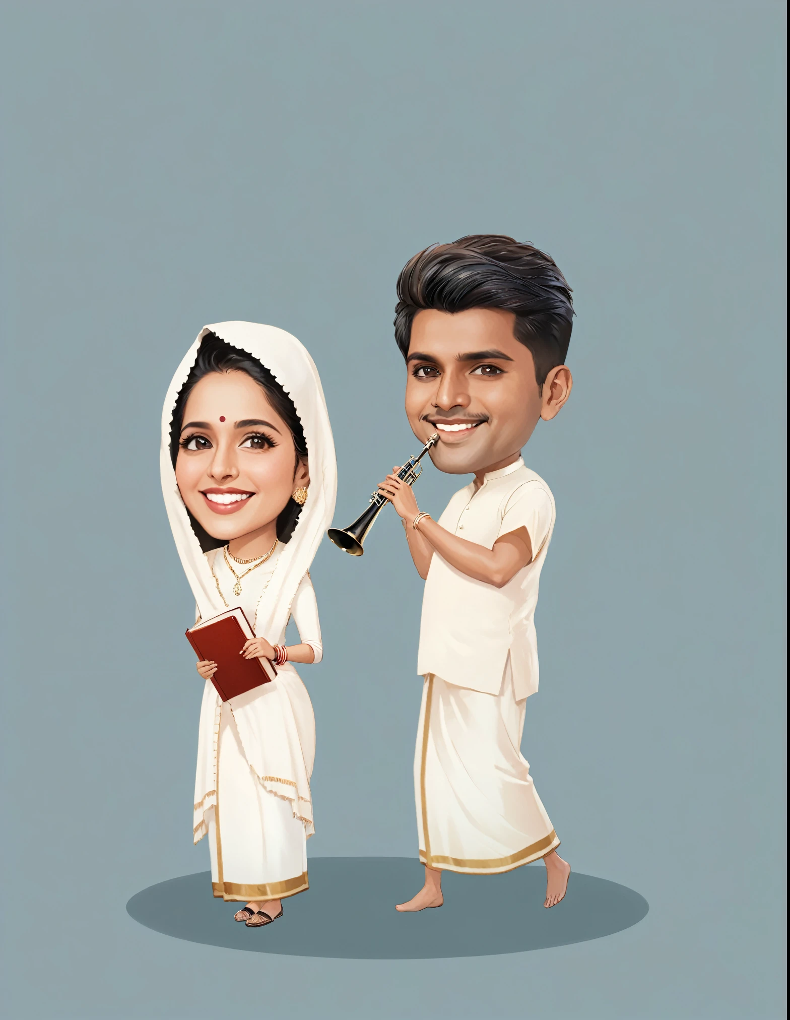 A man and a woman are standing next to each other, both wearing traditional Indian garb. The man is holding a trumpet in his hand while the woman has a book in her hand. They appear to be posing for a picture together. super, high detail portrait, couples portrait, close portrait, elegant smiling pose, couple pose, cartoon art, portrait