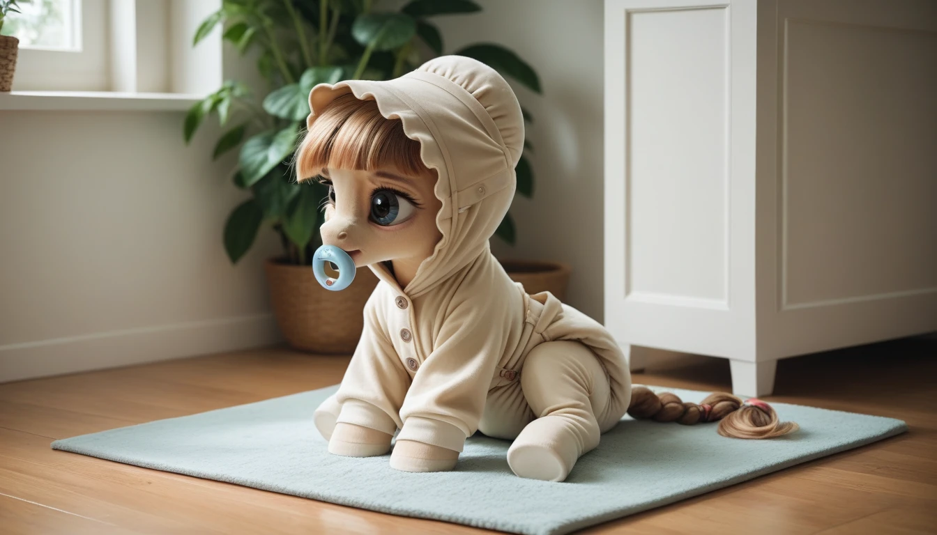 pony, beige earth pony, no horn, no wings, adult filly, lush mane braided, lush tail, sitting in the room on a soft play mat, dressed in an onesie, bonnet and booties, pacifier in her mouth, solo, thick diaper under her clothes.