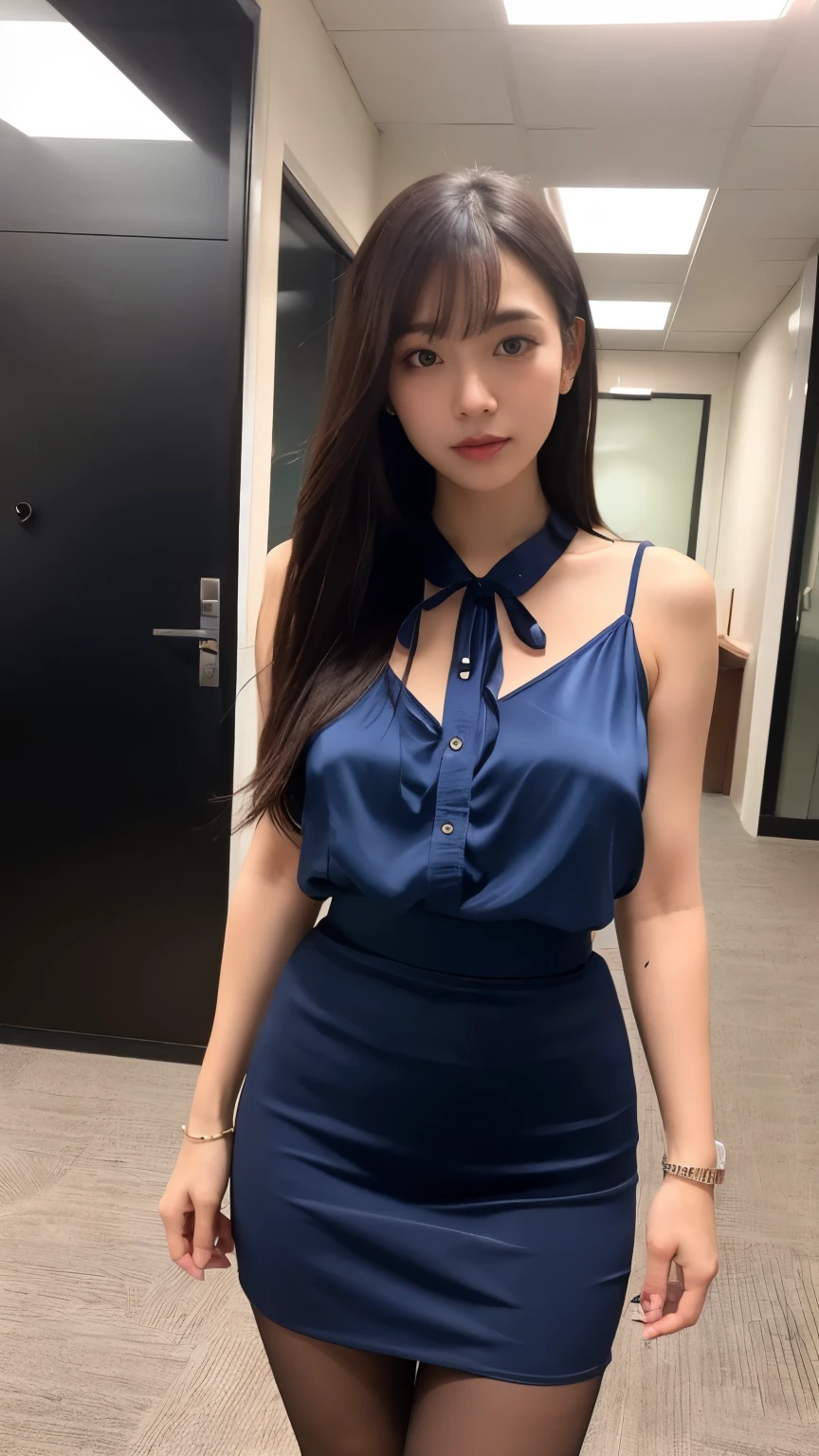 (((8k、High resolution、Highest quality、High resolution)))alone、Natural body shape、White skin、Business Make-up、((Black Hair、bangs、Straight Long Hair))、((()))、、(:1.4)、(())、(((((Full body photo)))))、(((Focused on work)))、(((Wear a sheer satin blouse on your upper body)))、office、(((忙しいoffice))) 、((White sleeveless shiny blouse))、((See-through:1.3))、((Navy blue slit tight skirt、mini skirt、Ultra-realistic pantyhose))、、、Sulky look、((Bare thighs))