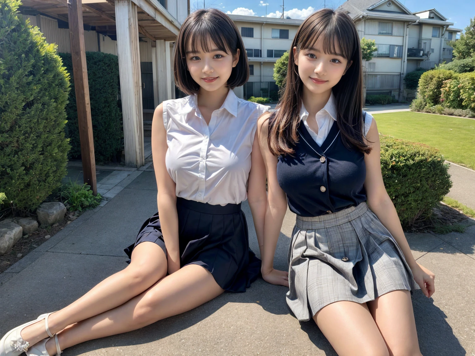 masterpiece, Highest quality, figure, Very detailed, The finer details, High resolution, 8k,wallpaper, Perfect dynamic composition,(Detailed high quality, Realistic depiction of eyes:1.3), (Three Girls), A white, sleeveless, see-through, tight shirt with buttons on the collar and chest., Grey tight skirt, Seraphim, Navy Pleated Skirt, Sitting, Leg spread, Short Bob Hair, In the background a hotel room, Deep in the field, Large Breasts, Black hair color, Big Natural Color Lip, (Perfect figure), smile、Harajuku Style、Elementary school girl in Japan:1.3), Adorable expression、Expressions of happiness、10 years old、height: 145cm、Baby Face、Amazingly cute、Cute type、Beautiful feet, Idol Sculpture、Big Breasts、Erect nipples