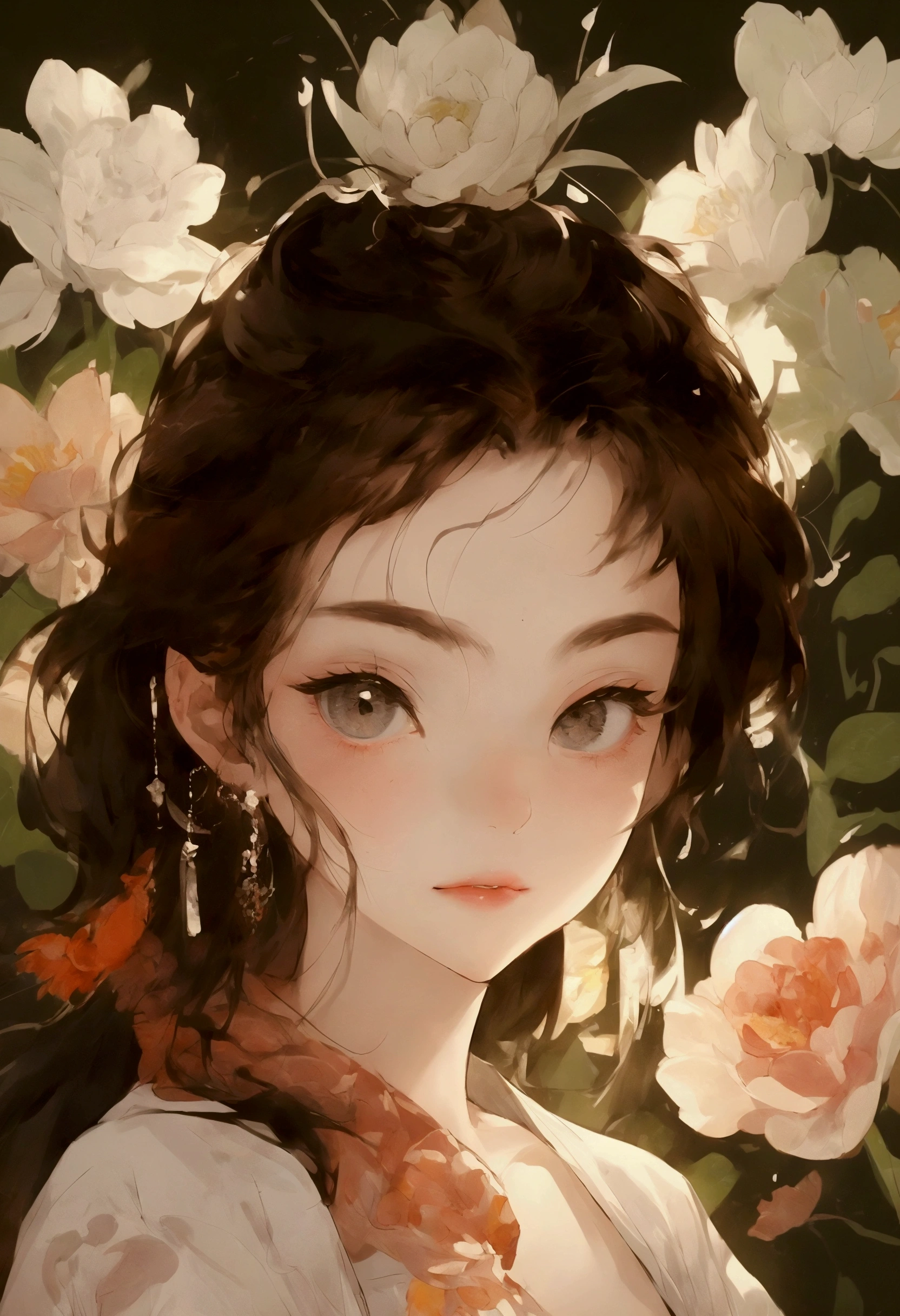 Romantic illustrations,sparkling eyes, Gorgeous girl Surrounded by peony and plants, Lace bow, detailed facial features, by Guo Pei, by Yan Jun Cheng, in the style of delicate floral surrealism, delicate realism, dreamlike quality,